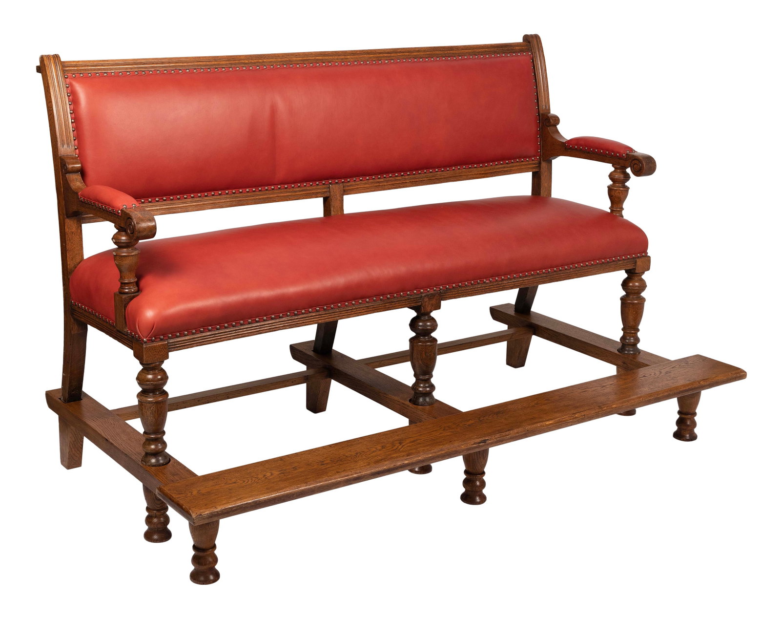 ENGLISH BILLIARD ROOM BENCH Circa 1880-1910 Total height 49". Width approx. 75" at base. Depth 41".: ENGLISH BILLIARD ROOM BENCH Circa 1880-1910 Walnut with red leather upholstered seat, back and arms. Separate riser with turned legs. Total height 49". Width approx. 75" at base. Depth 41". Seat depth