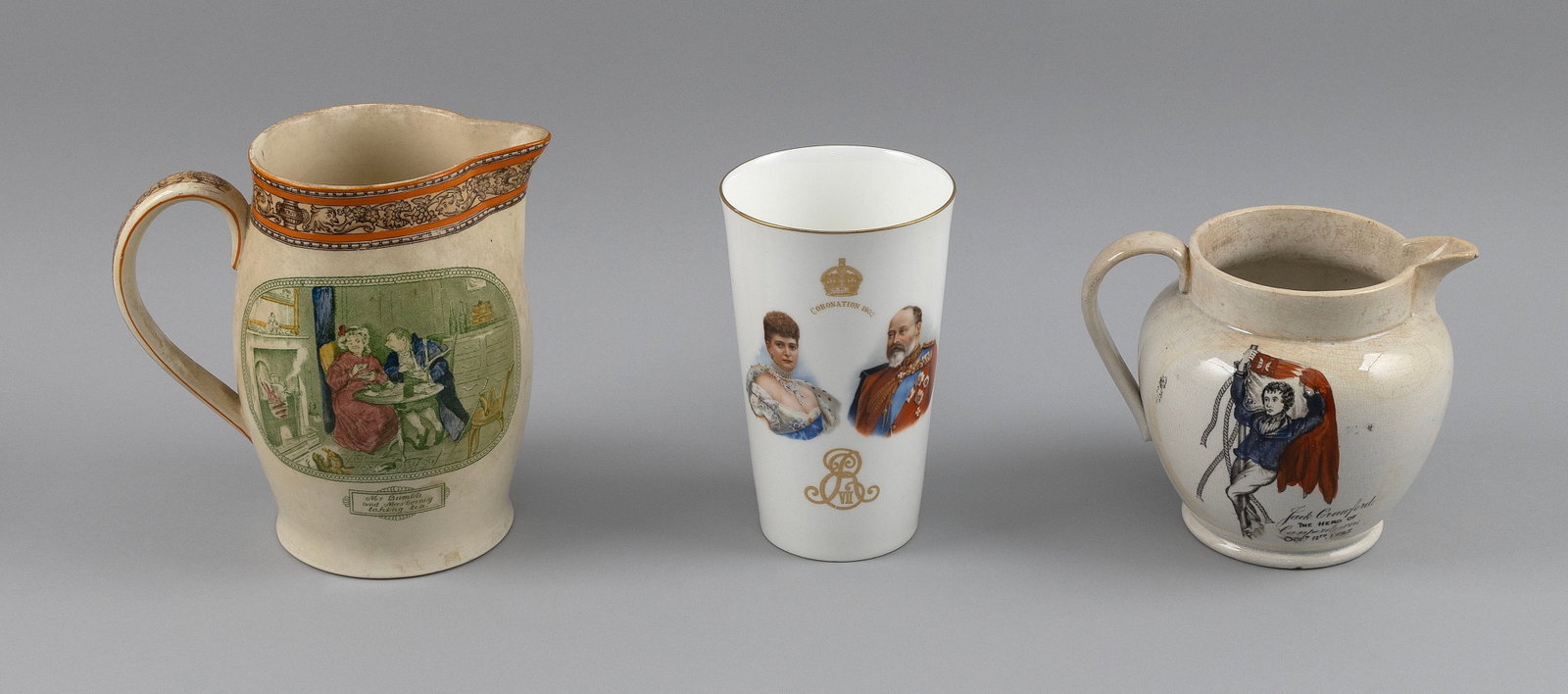 THREE ENGLISH COMMEMORATIVE CERAMICS England 19th/20th Century: THREE ENGLISH COMMEMORATIVE CERAMICS England 19th/20th Century 1) "Jack Crawford" lustre jug. Height 7.5". 2) Adams "Cries of London" Dickensware pitcher. 3) "King Edward VII and His Beloved Consort Q