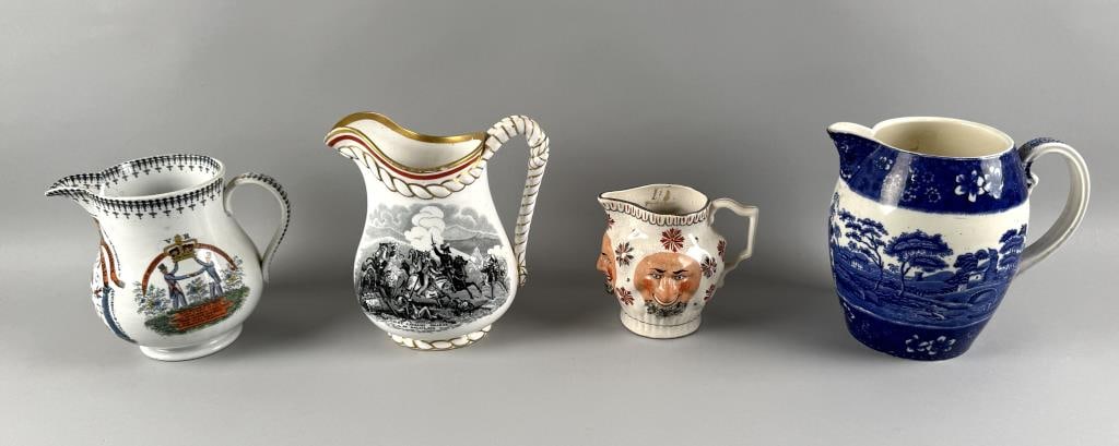 FOUR ENGLISH CERAMIC JUGS 19th Century: FOUR ENGLISH CERAMIC JUGS 19th Century 1) Spode blue and white transferware jug. Maker's mark and "Copeland Spode's Tower England" on underside. Height 7.25". 2) G.F. Bowers China Manufacturers of Bro