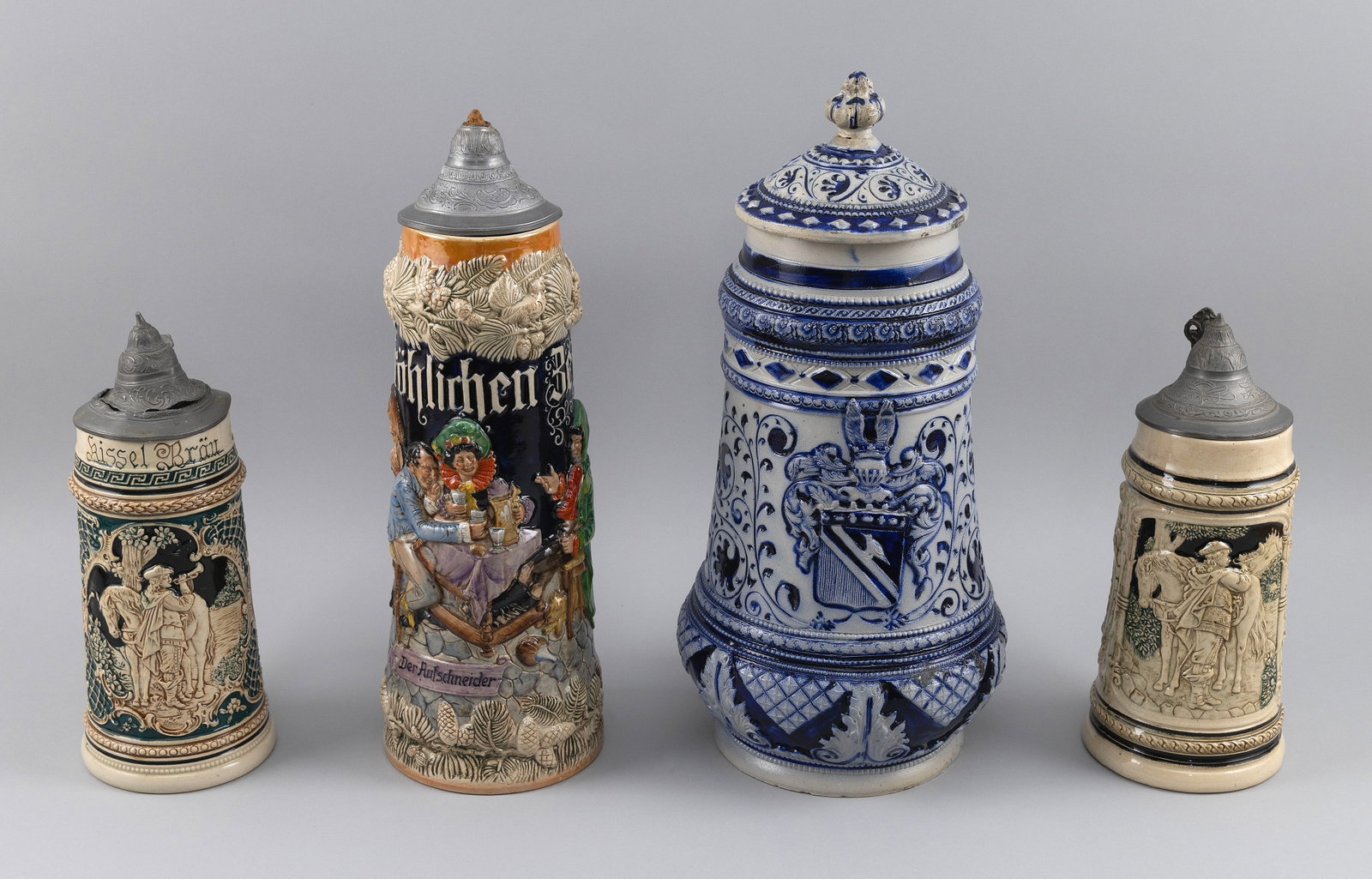FOUR GERMAN STONEWARE LIDDED STEINS 19th and 20th Centuries (1 of 6)