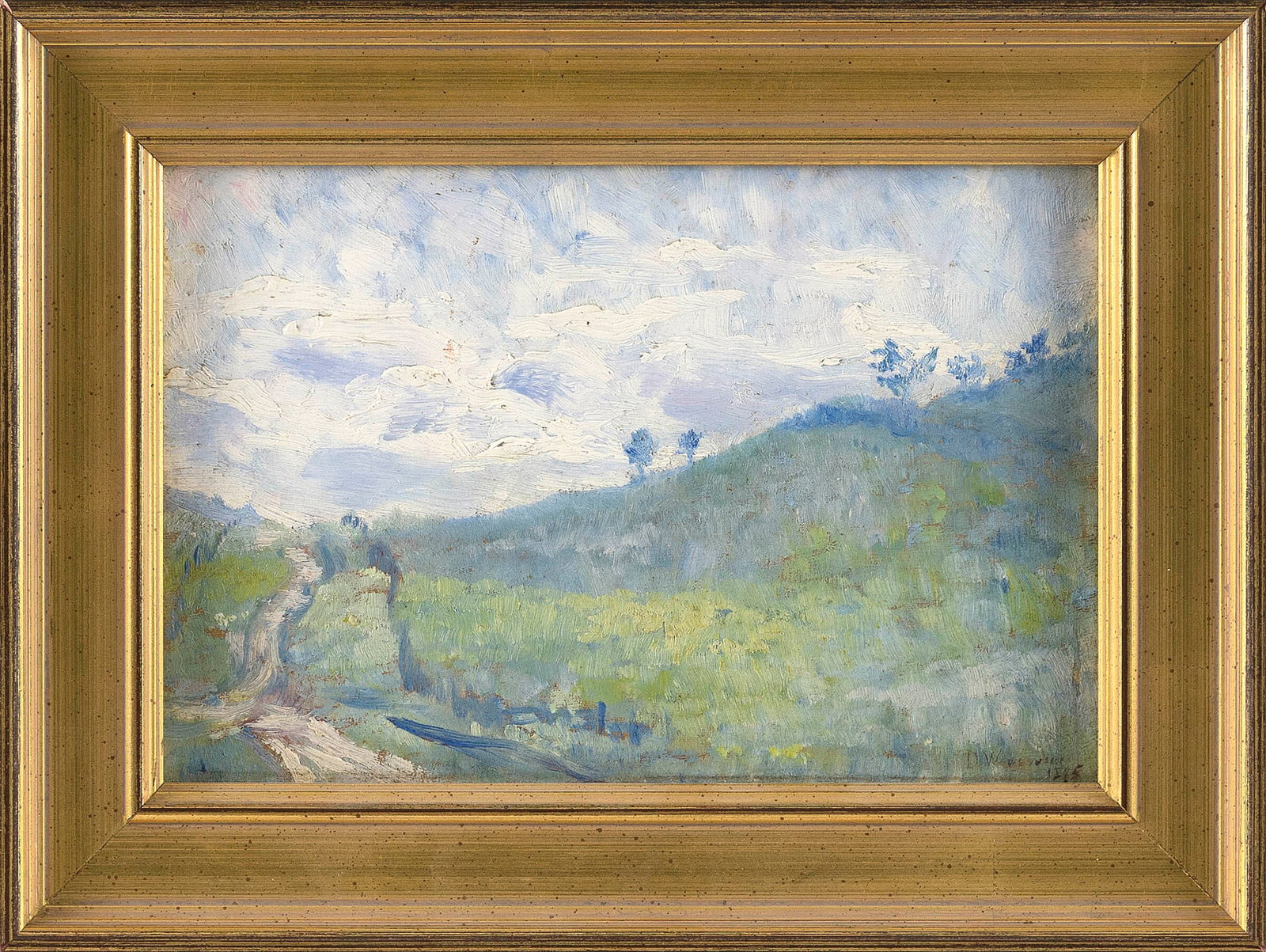 DEWING MARTHA WOODWARD (Pennsylvania/Florida, 1856-1950), Clouds over a hilly landscape., Oil on: DEWING MARTHA WOODWARD Pennsylvania/Florida, 1856-1950 Clouds over a hilly landscape. Signed lower right "Woodward". Oil on board, 6" x 9". Framed 9" x 12".
