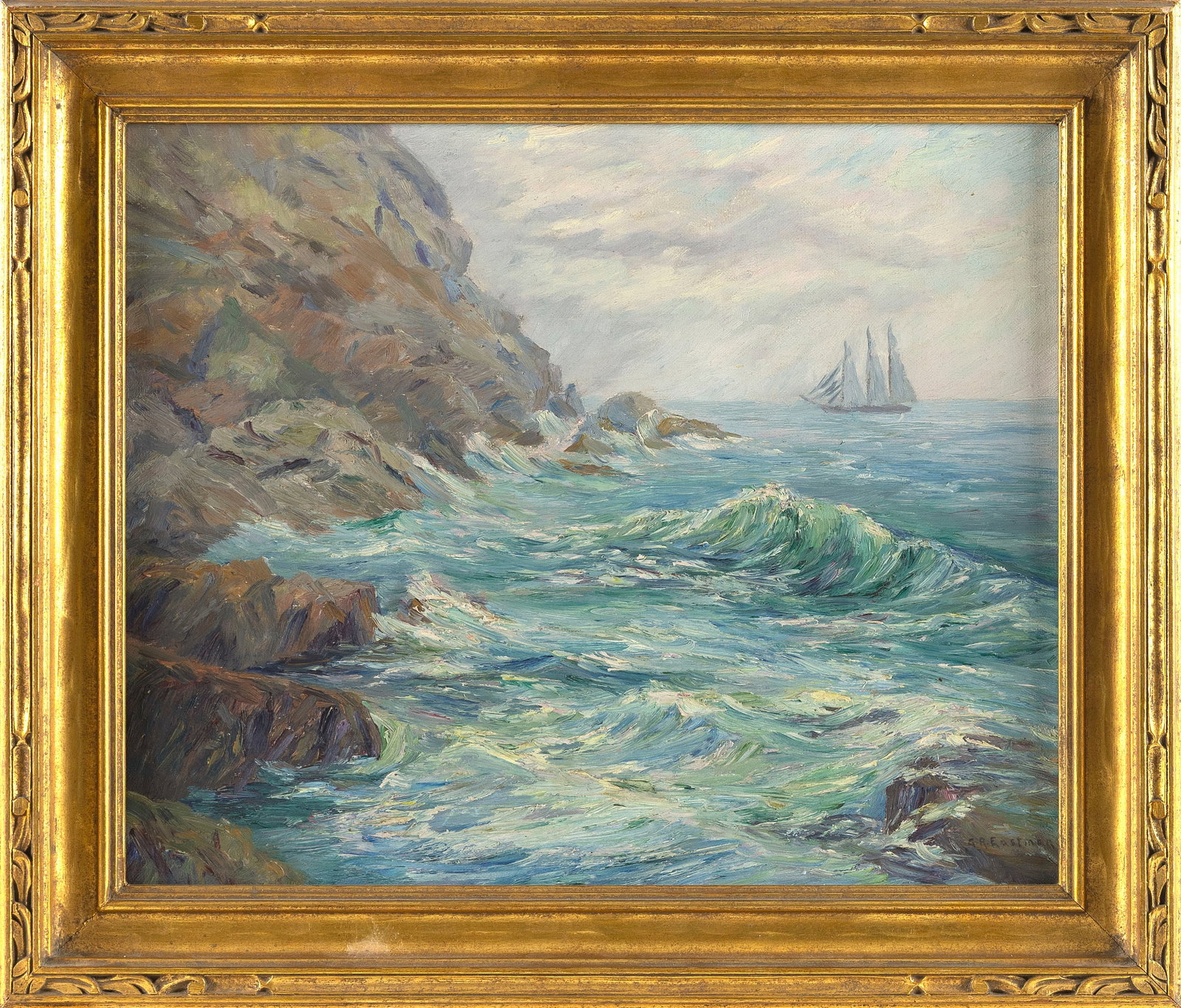 GRACE ROMAINE EASTMAN (New York, 1860-1931), Three-masted ship off a rocky coastline., Oil on (1 of 1)