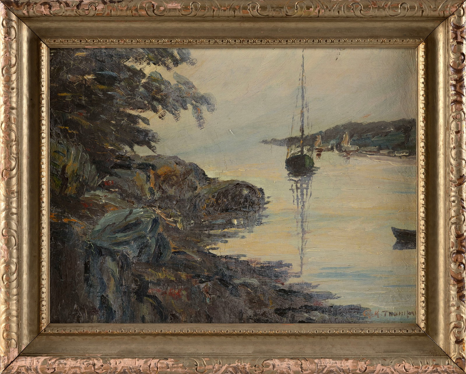 GEORGE H. THOMPSON (Massachusetts/California, 1848-1926), Boats in a harbor., Oil on panel, 12" x (1 of 2)