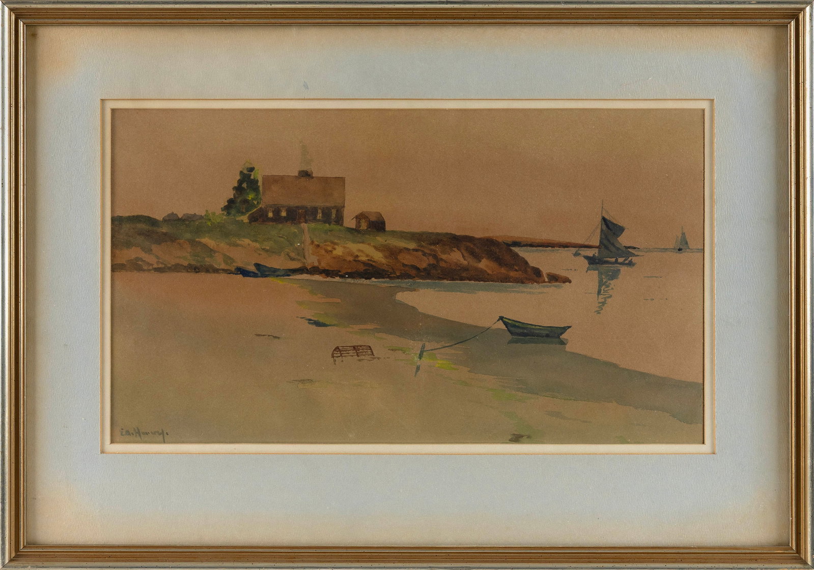 EDWARD HARVEY (Massachusetts, 1862-1917), Coastal scene with beached rowboat., Watercolor on board, (1 of 2)