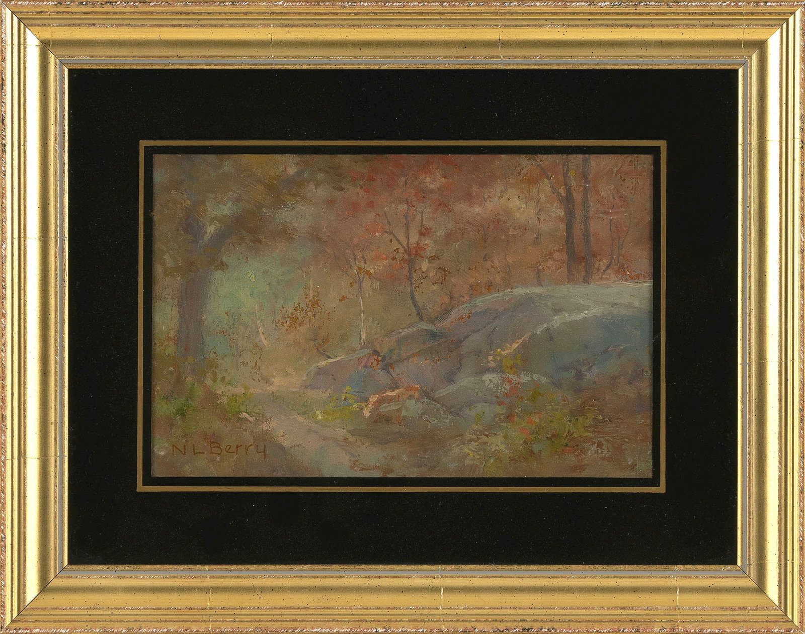 NATHANIEL LEANDER BERRY (Massachusetts, 1859-1929), Landscape study., Oil on board, 5.5" x 8.5": NATHANIEL LEANDER BERRY Massachusetts, 1859-1929 Landscape study. Signed lower left "N.L. Berry". Framed with an eglomise glass mat. Oil on board, 5.5" x 8.5" sight. Framed 11" x 14".