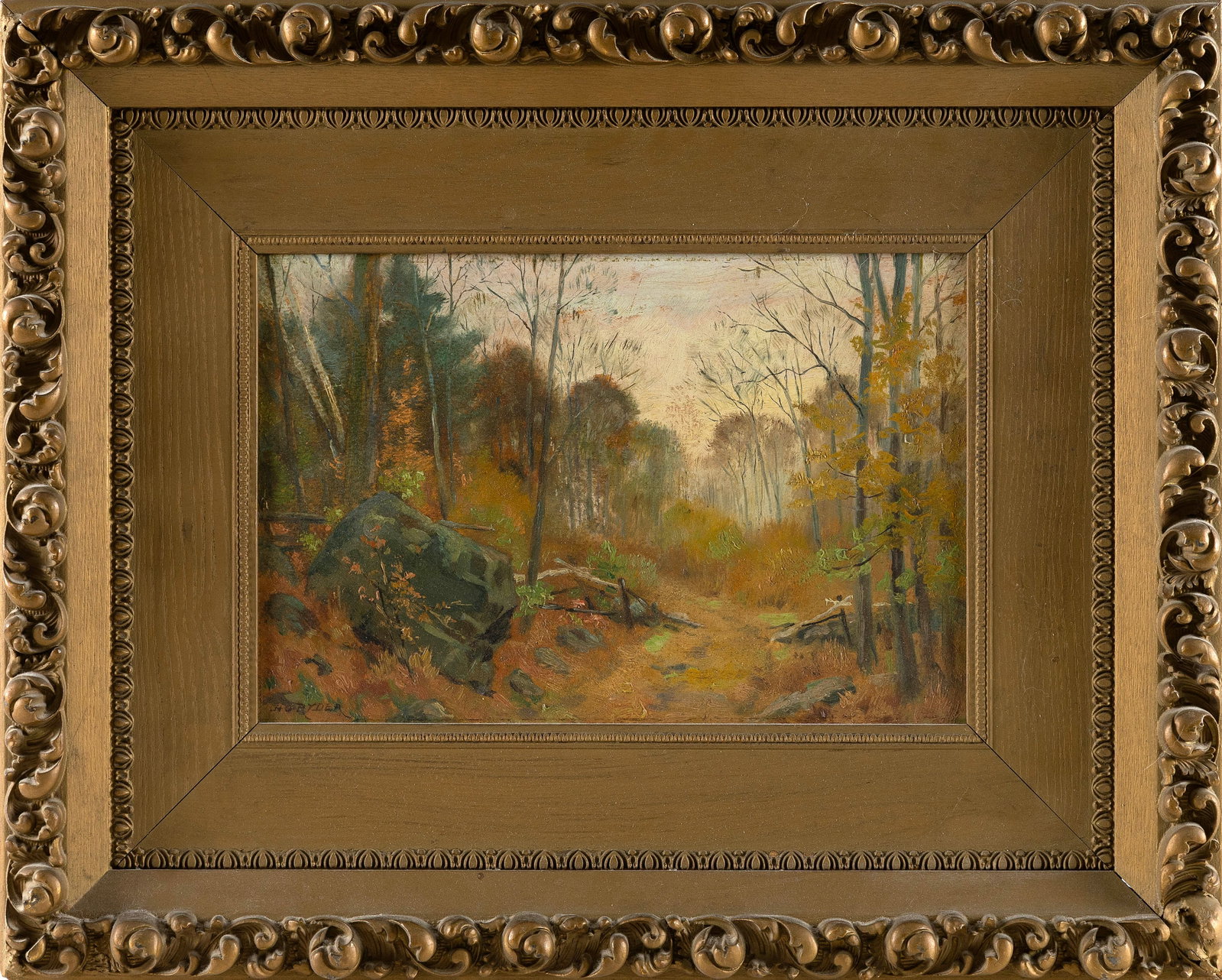 HENRY ORNE RYDER (Massachusetts, 1860-1943), Autumn road., Oil on board, 8" x 12". Framed 16" x 20". (1 of 2)