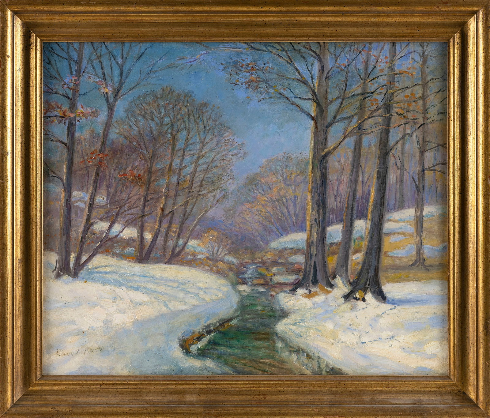 LOUISE MARY WAHL KAMP (New York, 1867-1959), Winter landscape with stream., Oil on masonite, 20" x (1 of 2)