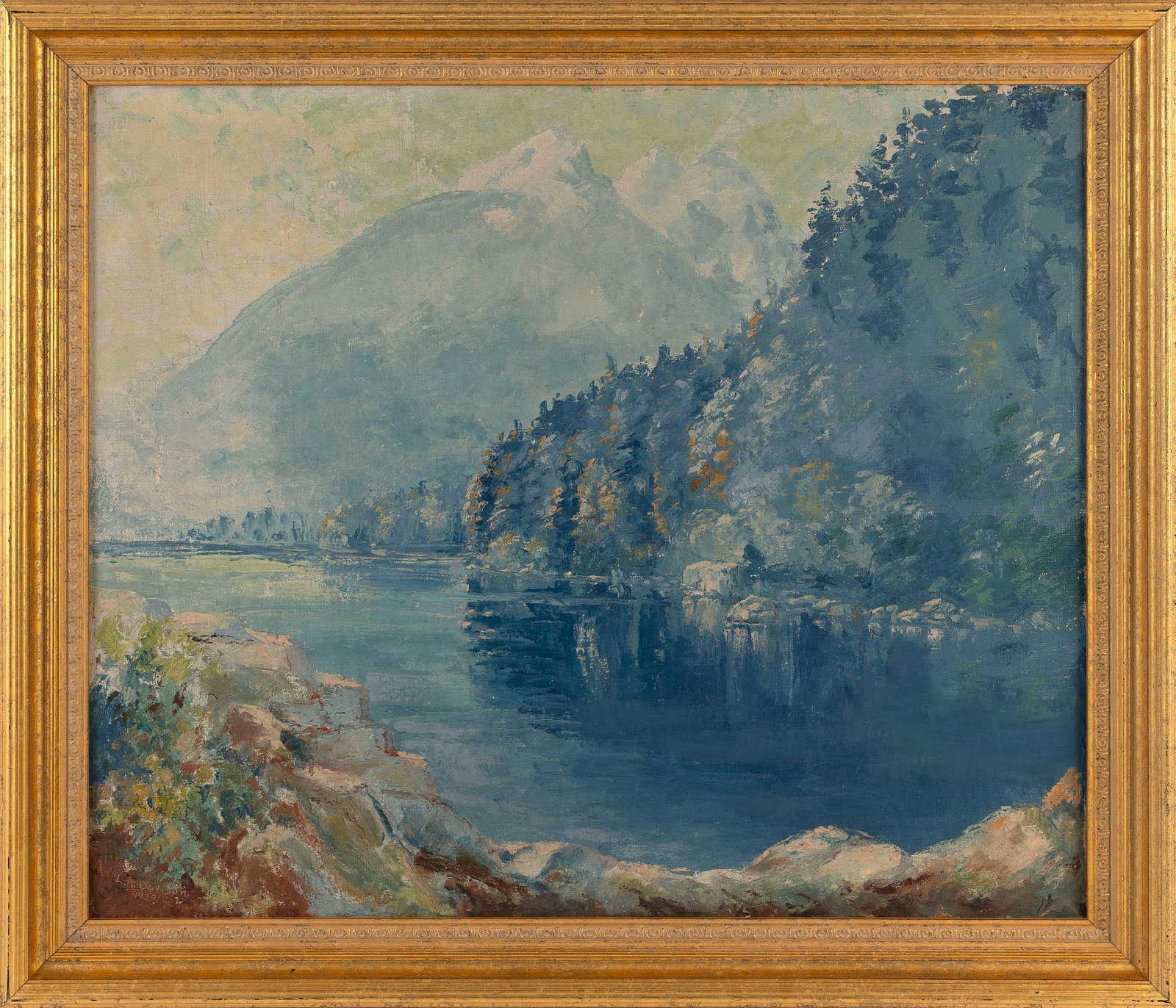 LUCIEN ADELBERT DAVISON (New York, 1872-1950), Mountain lake scene., Oil on canvas, 19.75" x 23.5". (1 of 2)
