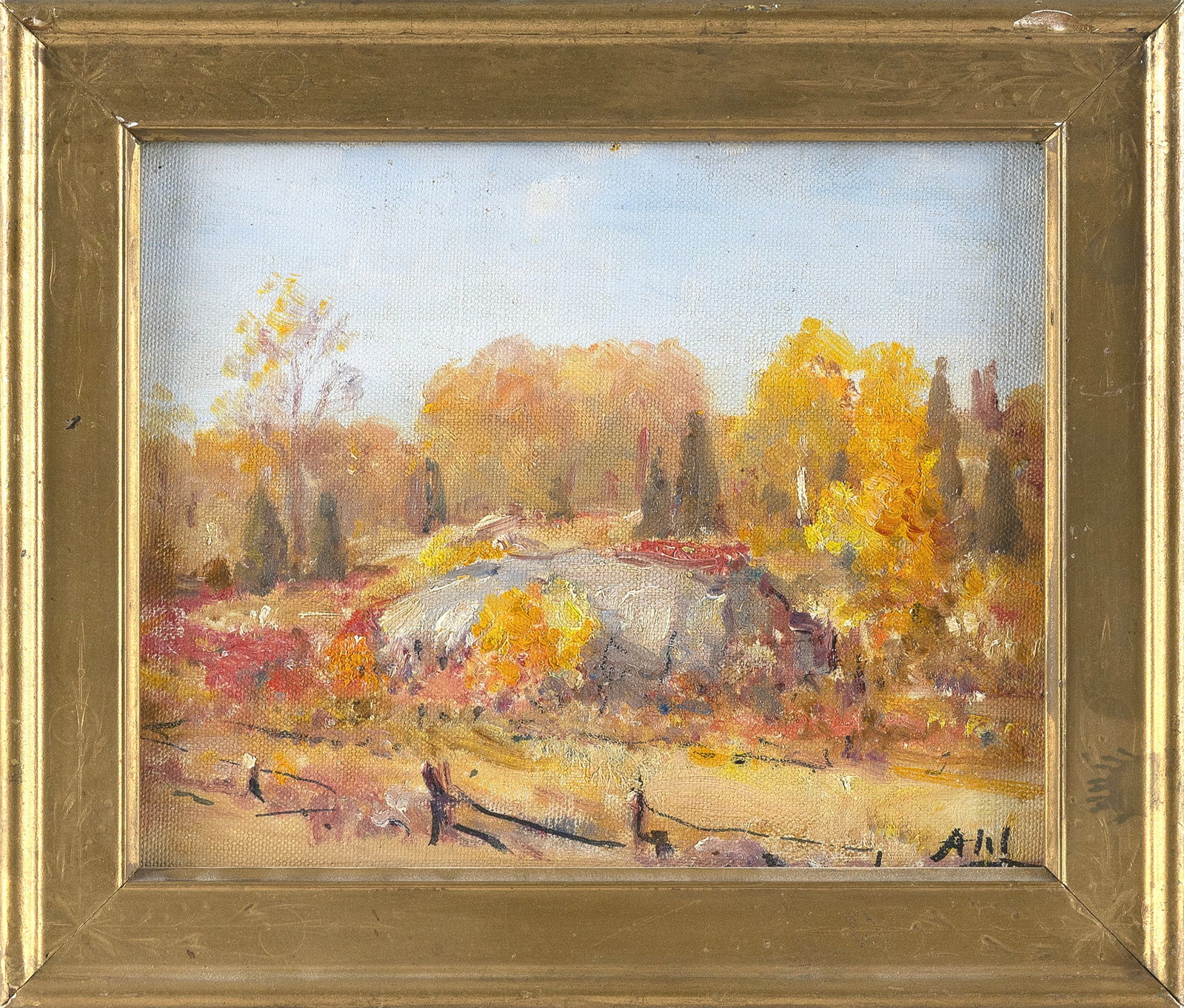 HENRY HAMMOND AHL (Massachusetts/New York, 1869-1953), Autumn landscape., Oil on board, 8" x 10". (1 of 1)