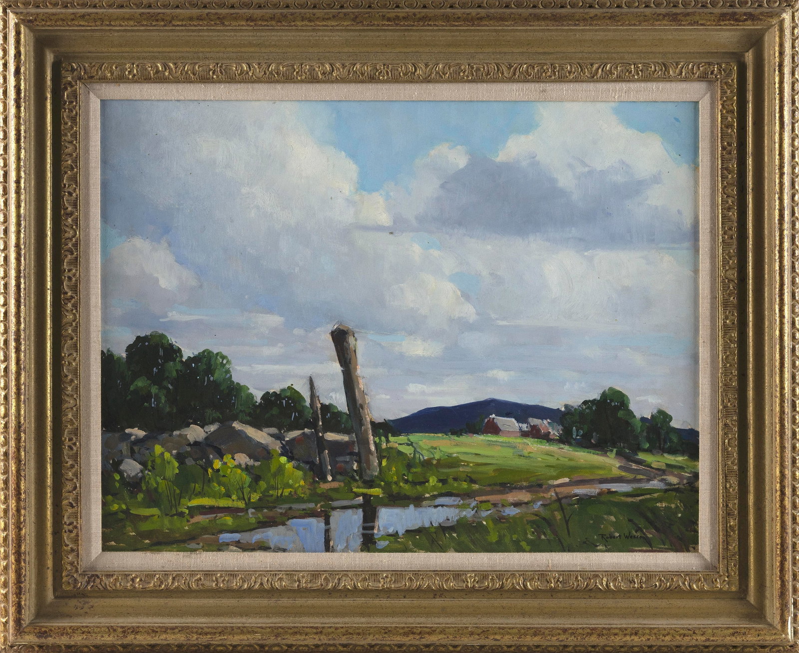 ROBERT SHAW WESSON (Vermont/Massachusetts, 1902-1967), Farm landscape., Oil on canvas board, 18" x: ROBERT SHAW WESSON Vermont/Massachusetts, 1902-1967 Farm landscape. Signed lower right "Robert Wesson". Oil on canvas board, 18" x 24". Framed 25.5" x 31.5".