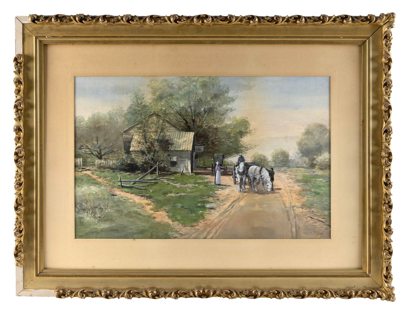 JOSEPH CONOVER CLAGHORN (Washington, D.C./Maryland/Pennsylvania, 1869-1947), Horse and wagon stopped: JOSEPH CONOVER CLAGHORN Washington, D.C./Maryland/Pennsylvania, 1869-1947 Horse and wagon stopped in front of a rural home. Signed lower left "J.C. Claghorn". Watercolor and gouache on paper, 21" x 31