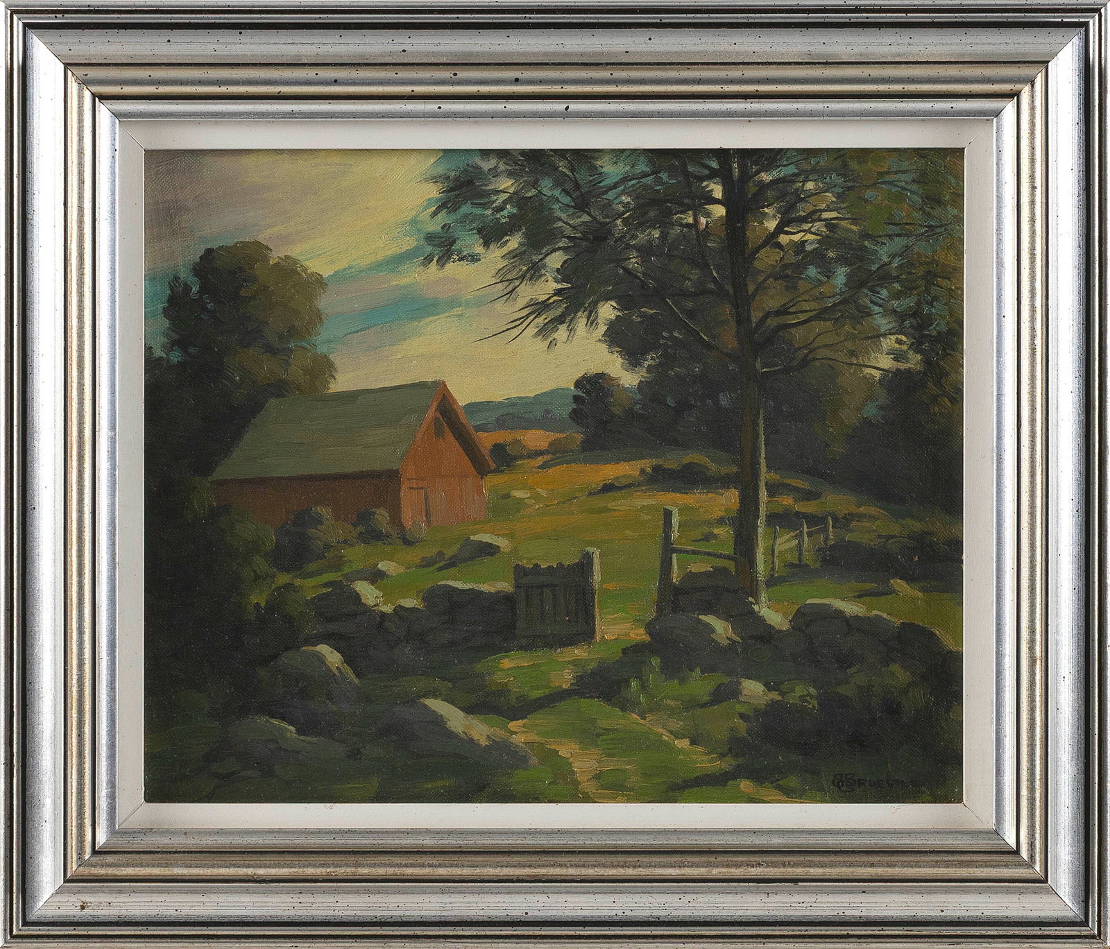 GEORGE MATTHEW BRUESTLE (New York/Connecticut, 1871-1939), Landscape with red barn., Oil on board,: GEORGE MATTHEW BRUESTLE New York/Connecticut, 1871-1939 Landscape with red barn. Signed lower right "G.M. Bruestle". Oil on board, 8" x 10". Framed 11" x 13".