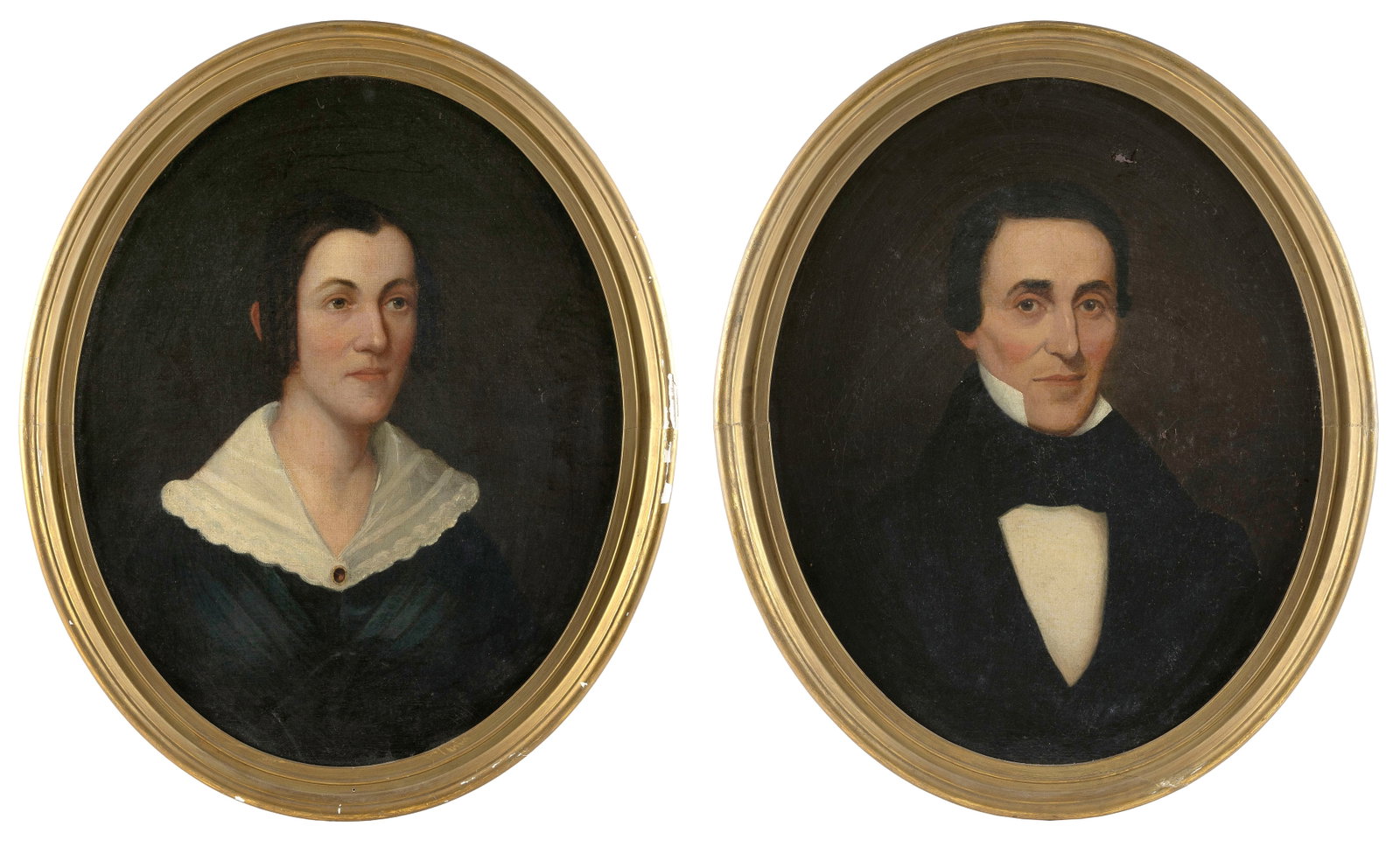 AMERICAN SCHOOL (19th Century,), Pair of bust portraits of a lady and a gentleman, Oils on canvas,: AMERICAN SCHOOL 19th Century Pair of bust portraits of a lady and a gentleman, identified on one label verso as Mr. and Mrs. Stewart King of Pittsburgh and on another label as David Irwin King. Oils o