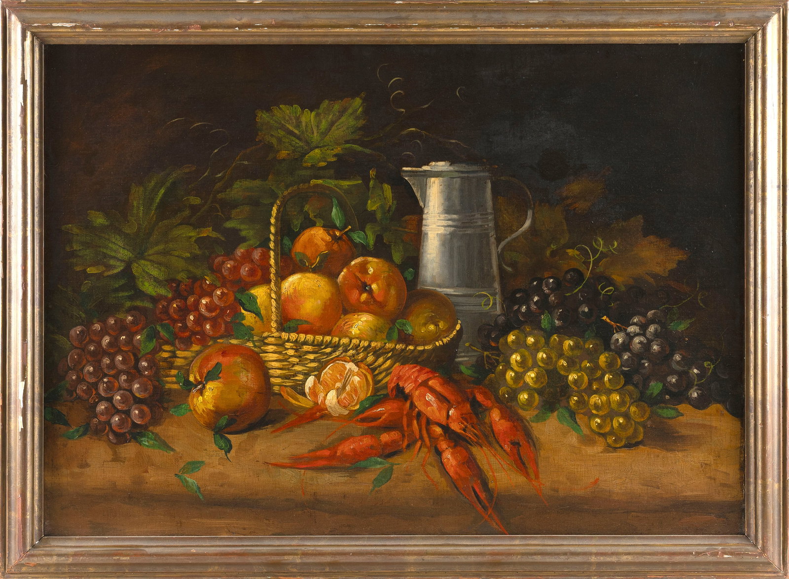 AMERICAN SCHOOL (19th Century,), Tabletop still life of fruit and a lobster., Oil on canvas, 26" x: AMERICAN SCHOOL 19th Century Tabletop still life of fruit and a lobster. Unsigned. Oil on canvas, 26" x 36". Framed 30" x 40".
