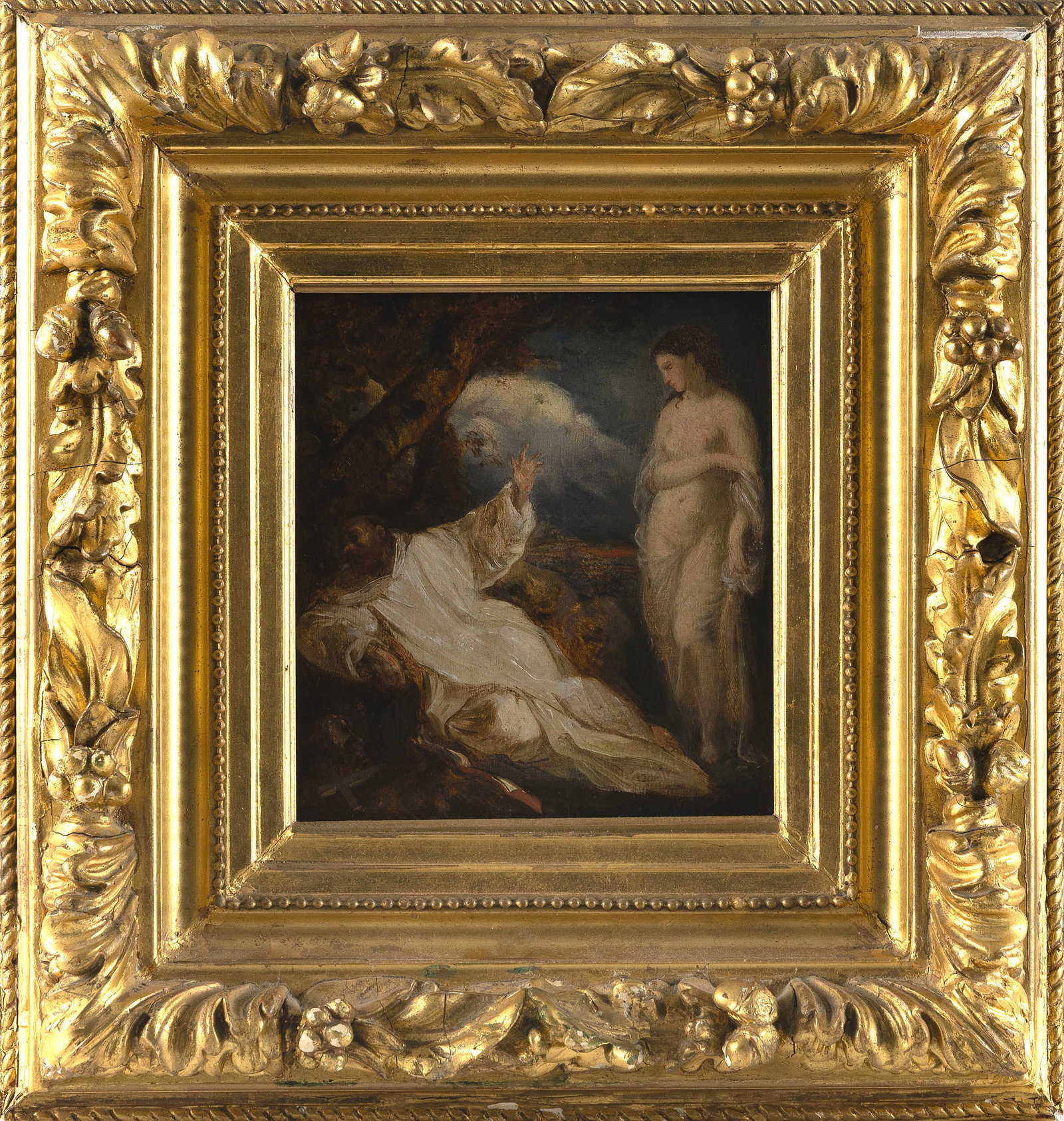 CONTINENTAL SCHOOL (18th Century,), A white-robed man fending off temptation in the form a semi-nude: CONTINENTAL SCHOOL 18th Century A white-robed man fending off temptation in the form a semi-nude woman. Unsigned. Oil on panel, 8" x 7.25". Framed 16" x 15.25".