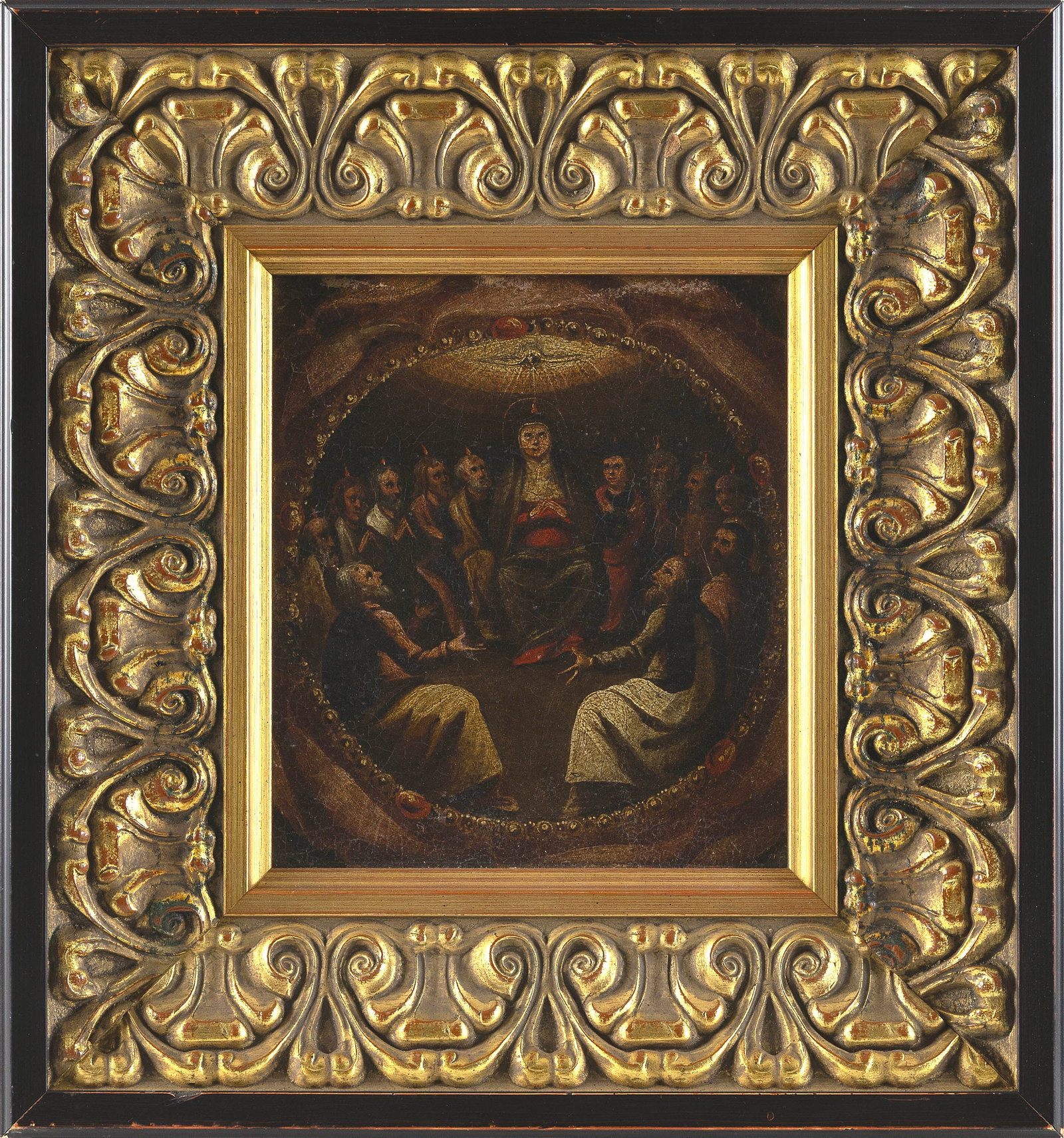 SOUTH AMERICAN SCHOOL (18th Century,), Figures in a prayer circle., Oil on canvas, 10.25" x 9". (1 of 1)