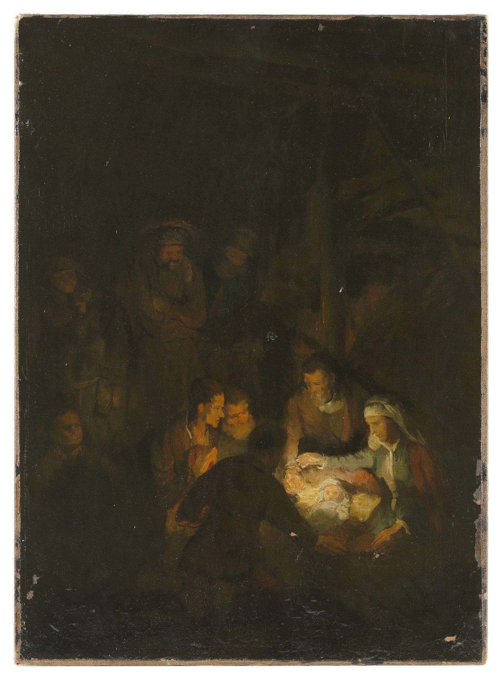 CONTINENTAL SCHOOL (19th Century,), Figures admiring a baby., Oil on canvas, 18" x 13". Unframed. (1 of 1)