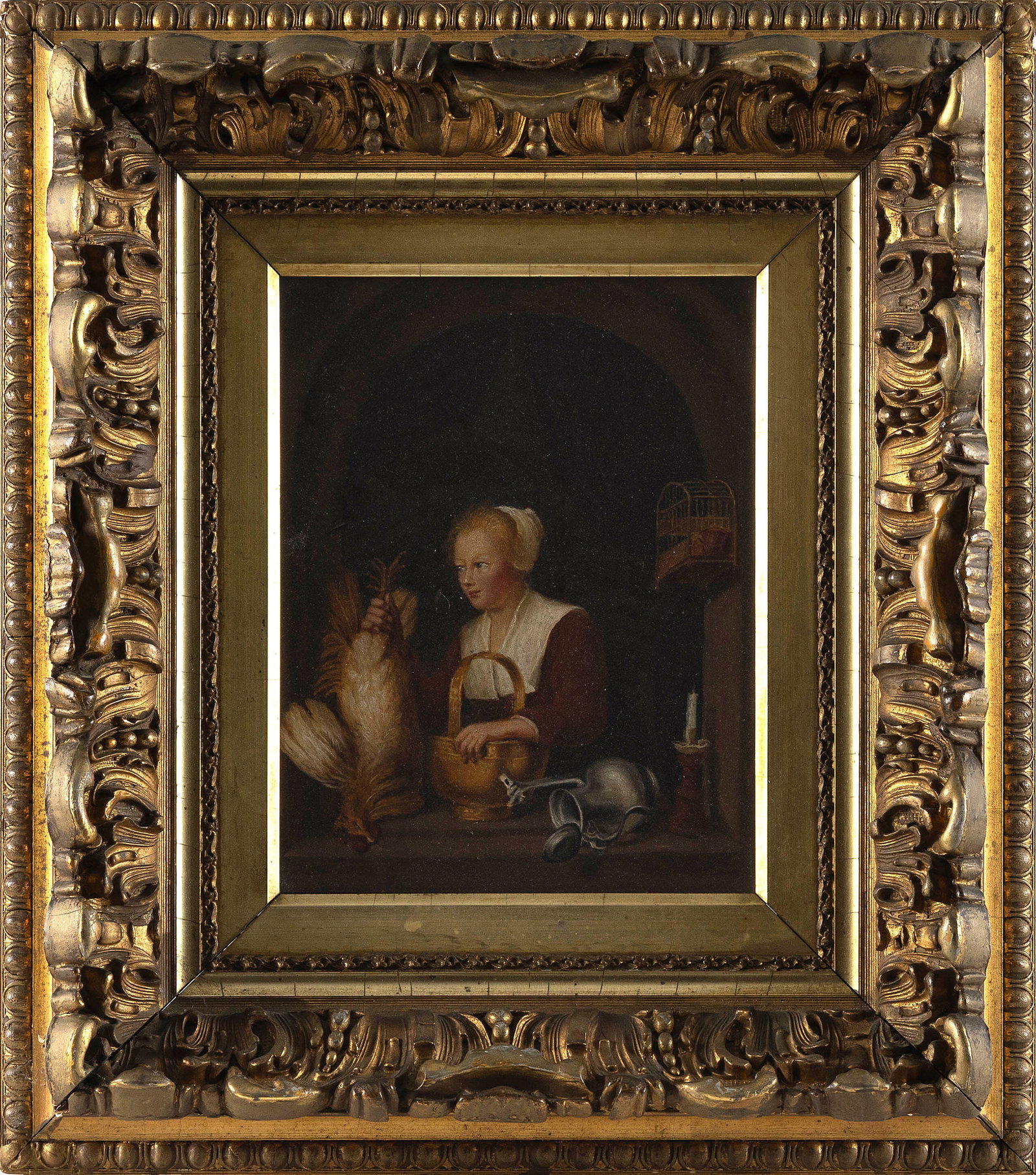 AFTER GERARD DOU (19th Century,), After Dou's "The Dutch Housewife"., Oil on board, 9.5" x 7.5".: AFTER GERARD DOU 19th Century After Dou's "The Dutch Housewife". Unsigned. Oil on board, 9.5" x 7.5". Framed 17.5" x 15.5".