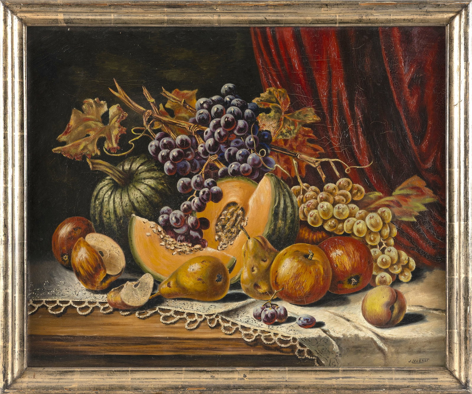 CONTINENTAL SCHOOL (Early 20th Century,), Tabletop still life of a sliced cantaloupe, grapes, apples (1 of 2)