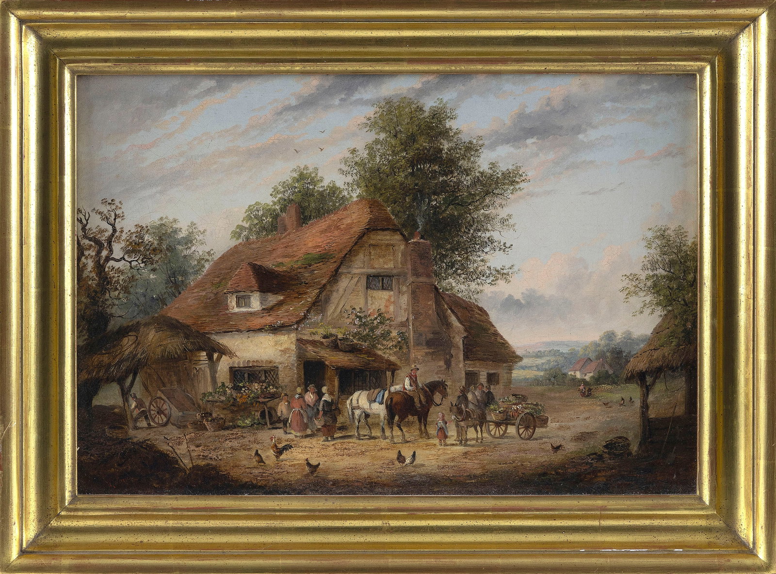 WILLIAM LARA (United Kingdom, 19th Century), Figures outside a thatched roof home., Oil on canvas, (1 of 2)