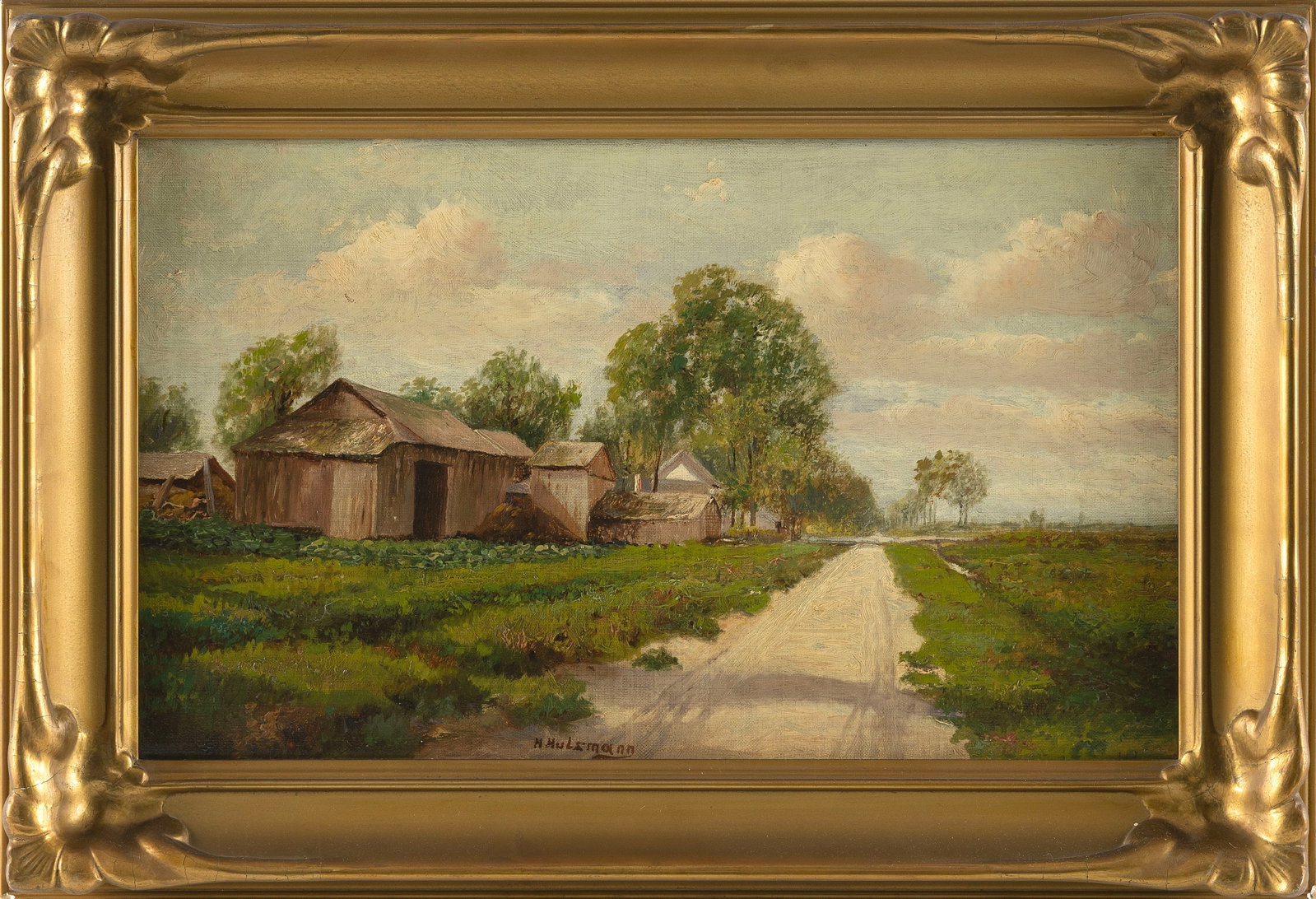 HENRY HULSMANN (Germany/Illinois, 1849-1930), Country landscape with dirt road and outbuildings., (1 of 2)