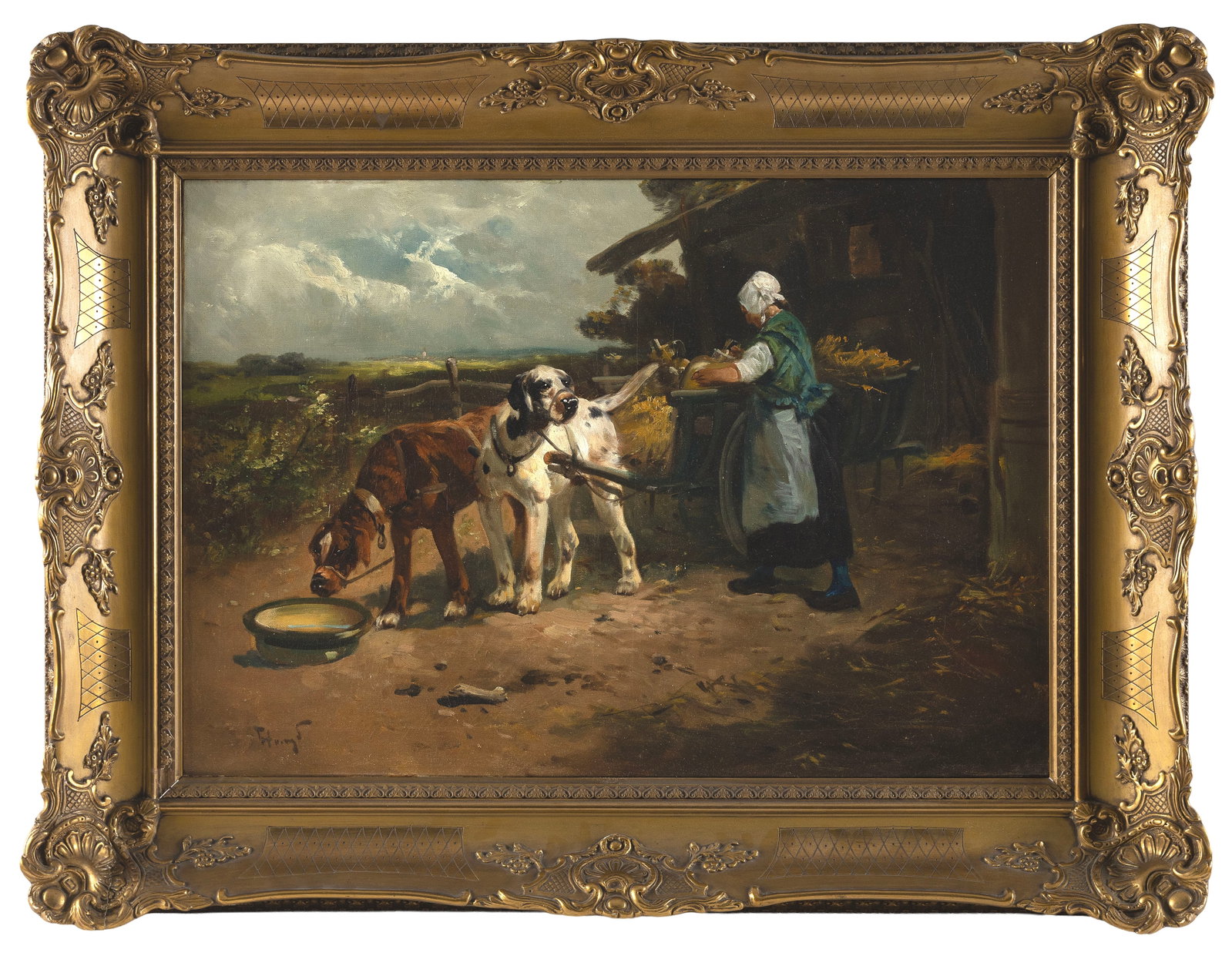HENRY SCHOUTEN (Belgium/Indonesia, 1859/67-1927), Farmer's wife with two dogs., Oil on canvas, 20" x (1 of 1)
