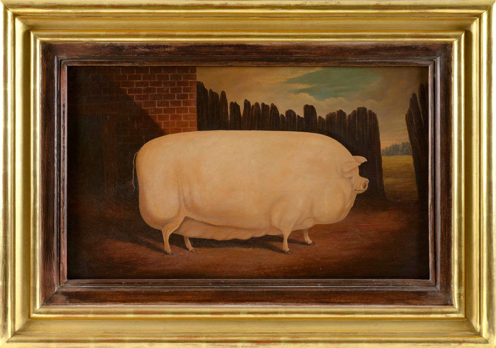 ENGLISH SCHOOL , Folk art pig in a barnyard., Oil on canvas, 16" x 27". Framed 25" x 36". (1 of 2)