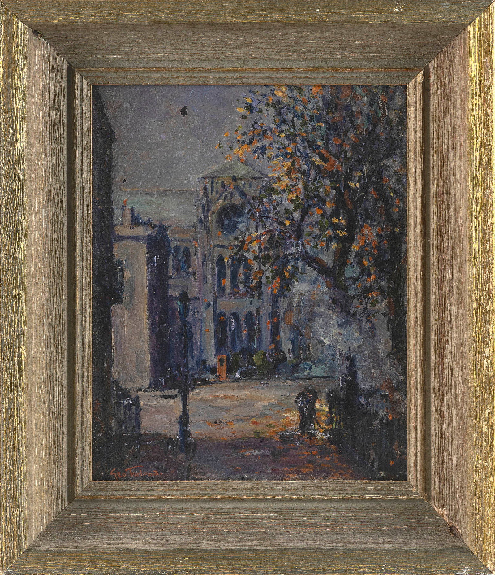 GEORGE TURLAND GOOSEY (California/New York/United Kingdom, 1877-1947), "Bloomsbury in Autumn"., Oil: GEORGE TURLAND GOOSEY California/New York/United Kingdom, 1877-1947 "Bloomsbury in Autumn". Signed lower left "Geo Turland". Titled in pencil verso. Oil on board, 9.5" x 7.5" sight. Framed 13.75" x 11
