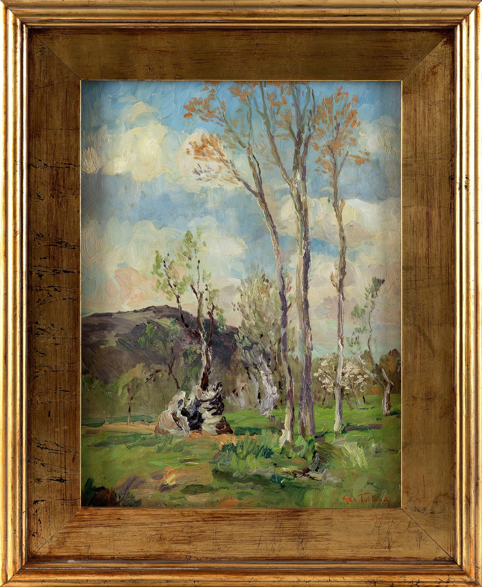 GEORGE TURLAND GOOSEY (California/New York/United Kingdom, 1877-1947), Landscape with stand of trees: GEORGE TURLAND GOOSEY California/New York/United Kingdom, 1877-1947 Landscape with stand of trees and distant mountain. Signed lower right. Oil on panel, 16" x 12". Framed 21" x 17.5".