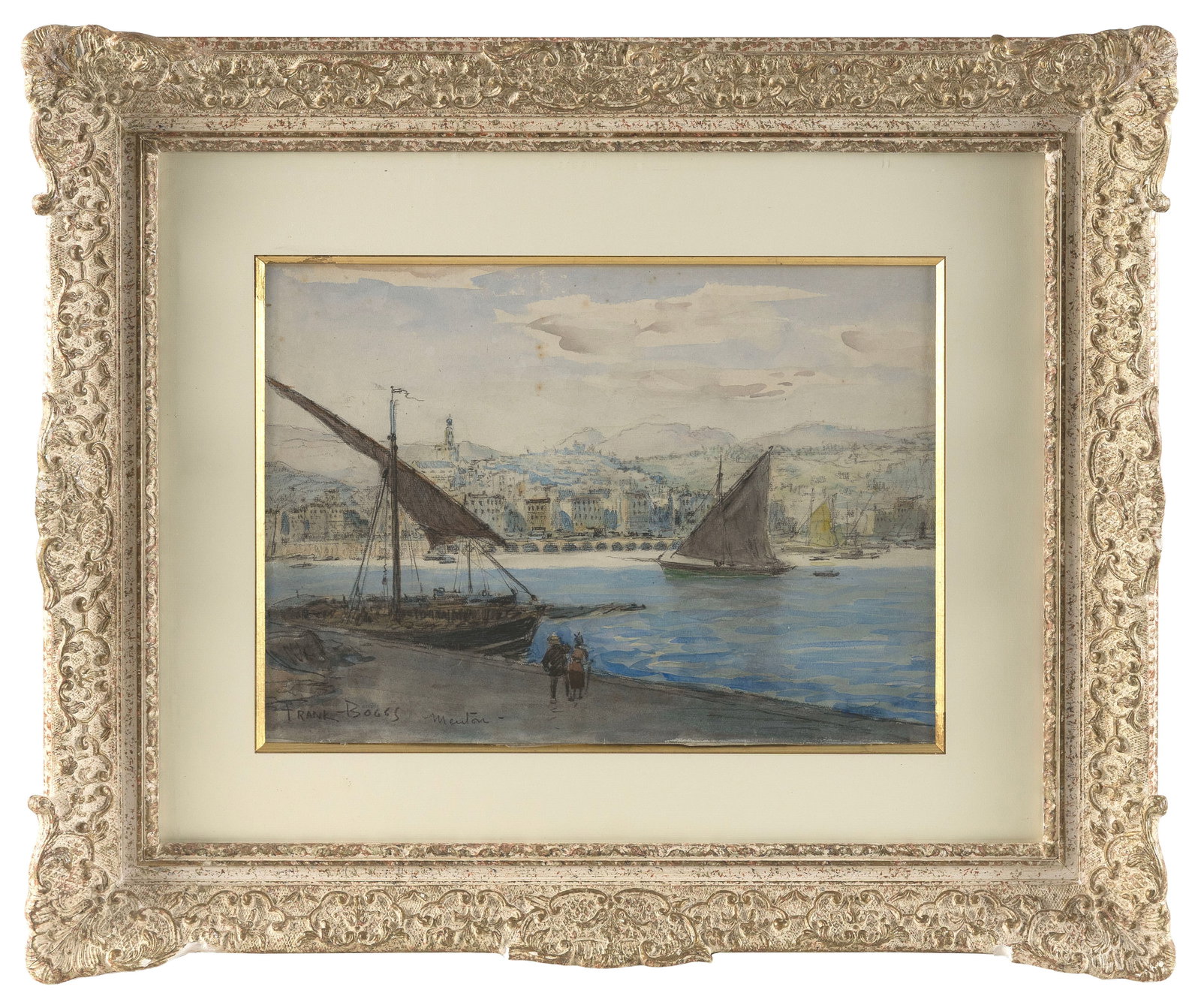 FRANK MYERS BOGGS (Ohio/France, 1855-1926), Harbor scene, Menton, France., Watercolor on paper,: FRANK MYERS BOGGS Ohio/France, 1855-1926 Harbor scene, Menton, France. Signed lower left "Frank Boggs Menton". Watercolor on paper, 12.5" x 17" sight. Framed 24" x 29".