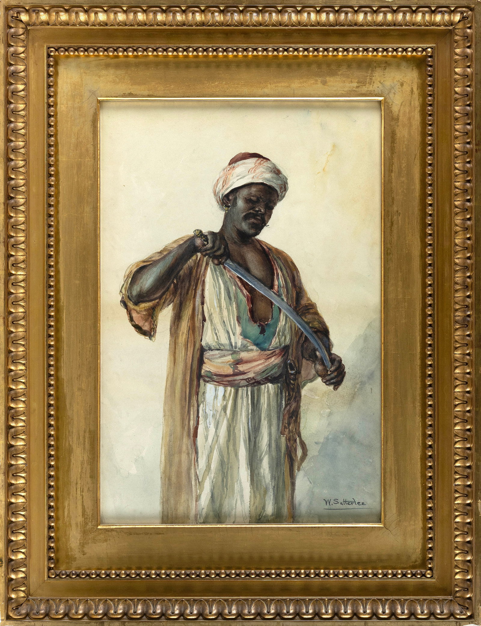 WALTER SATTERLEE (New York, 1844-1908), Arab man with sword., Watercolor on paper, 24" x 16". Framed (1 of 2)