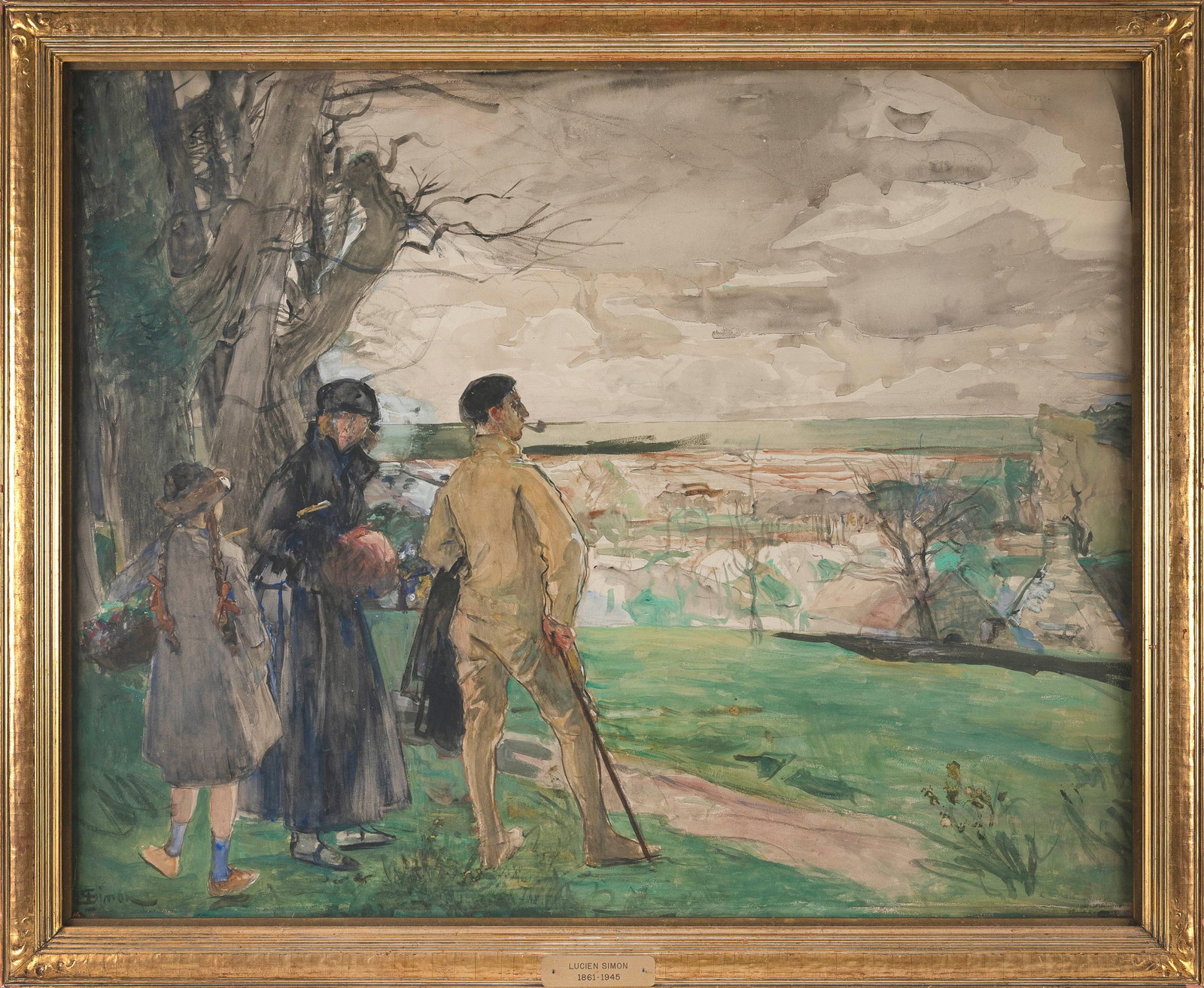 LUCIEN J. SIMON (France, 1861-1945), "Tempe du Paques"., Mixed media on paper, 34.5" x 43.25" sight. (1 of 2)
