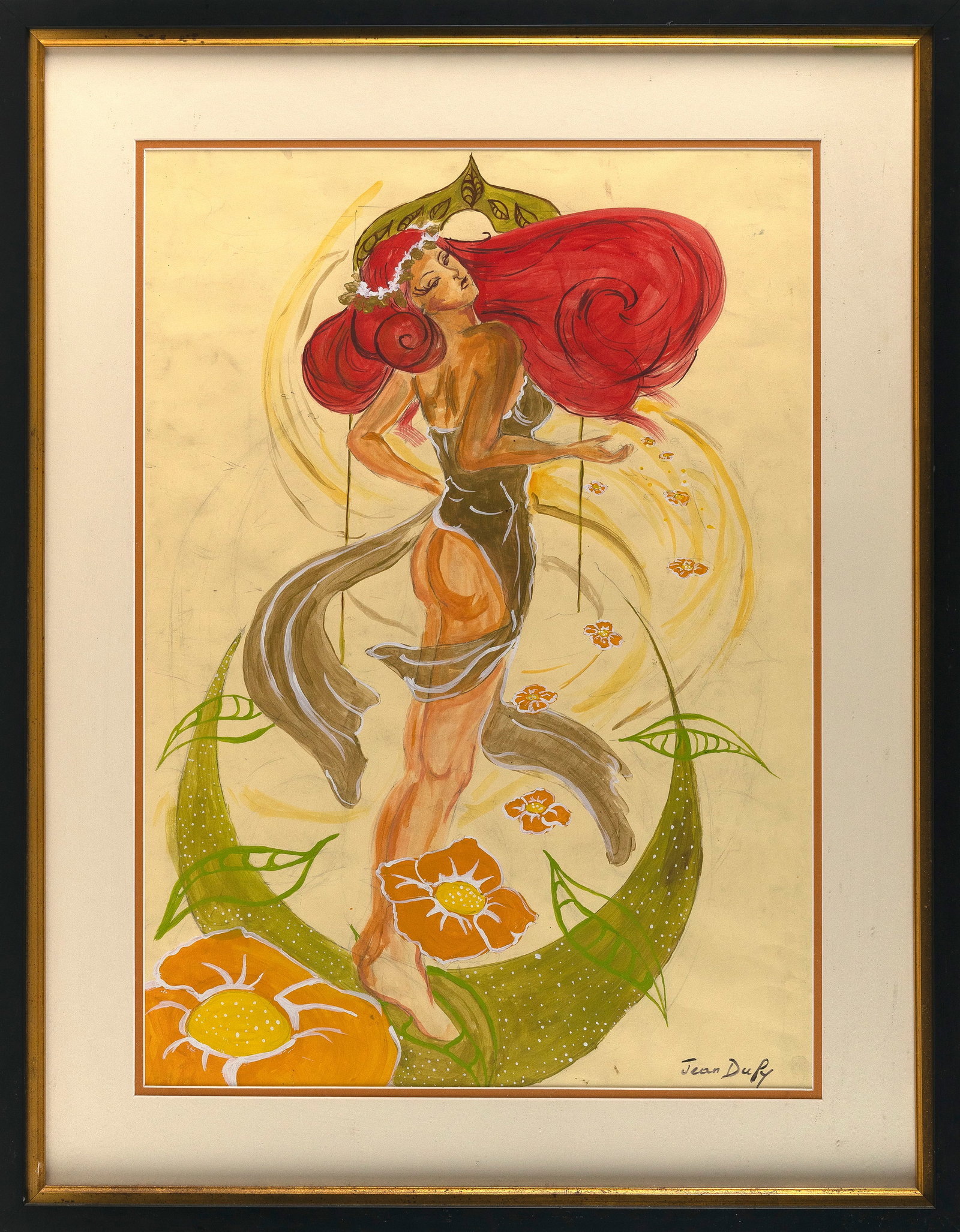 IN THE STYLE OF JEAN DUFY (20th Century,), Partially clad woman with flowing red hair surrounded by: IN THE STYLE OF JEAN DUFY 20th Century Partially clad woman with flowing red hair surrounded by green leaves and orange flowers. Signed lower right "Jean Dufy". Watercolor and gouache, 27" x 19" sight