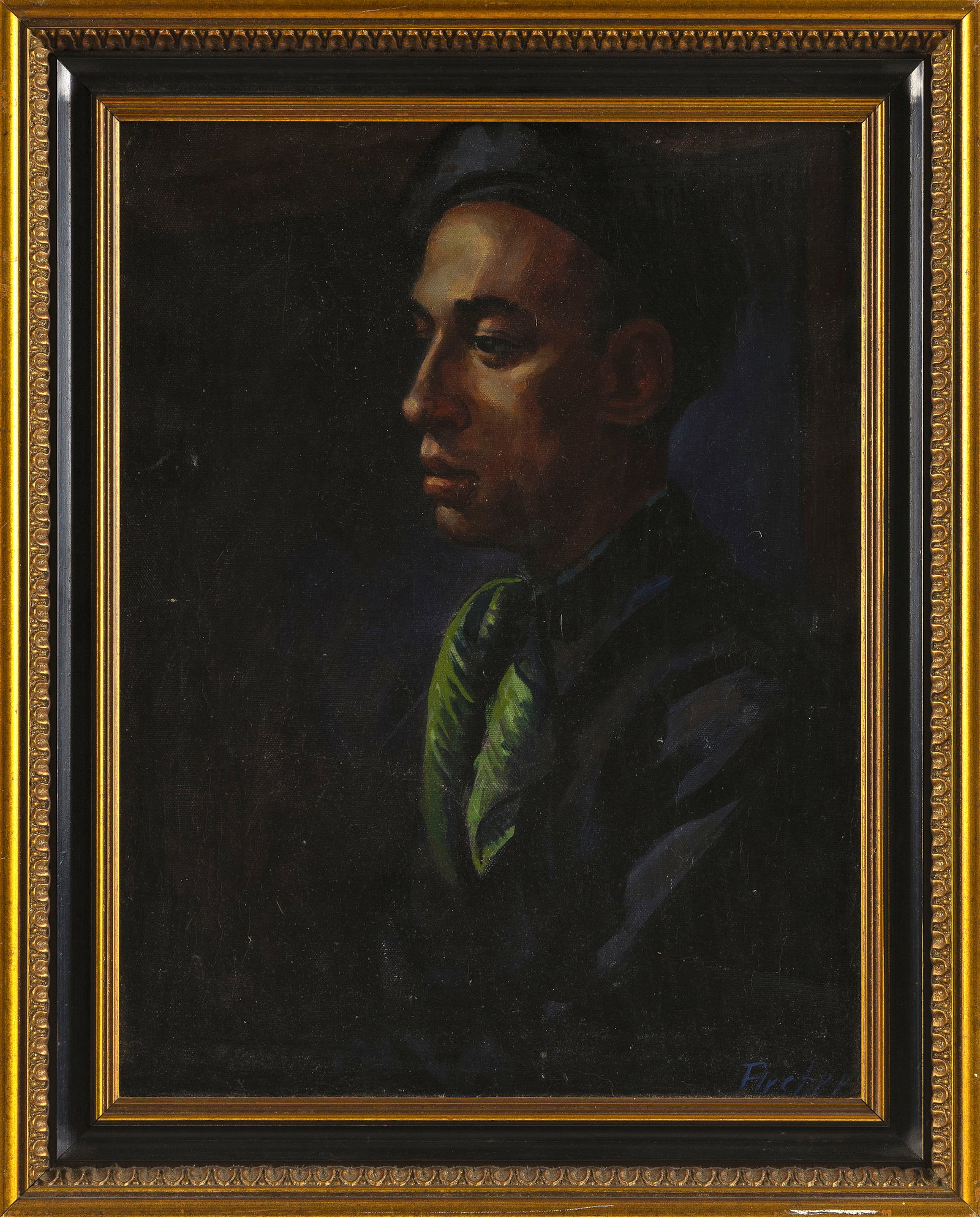 CONTINTENTAL SCHOOL (20th Century,), Profile portrait of a man in a beret and green neckerchief.,: CONTINTENTAL SCHOOL 20th Century Profile portrait of a man in a beret and green neckerchief. Signed lower right "Archer" (artist untraced). Oil on canvas, 17.5" x 13.5". Framed 21" x 17".