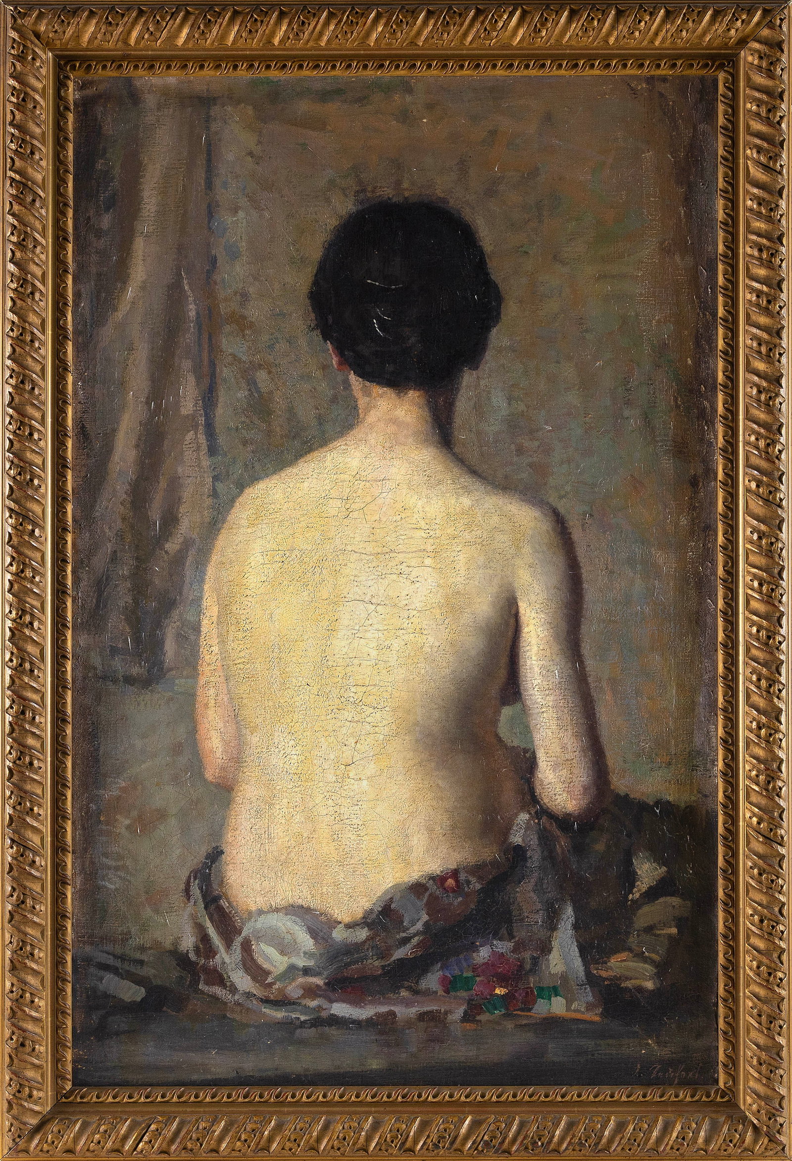CONTINENTAL SCHOOL (20th Century,), Portrait of a seated nude woman., Oil on canvas, 38" x 24".: CONTINENTAL SCHOOL 20th Century Portrait of a seated nude woman. Signed illegibly lower right. Oil on canvas, 38" x 24". Framed 43" x 29".