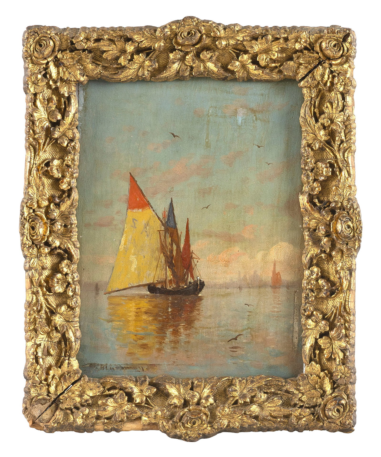 HENRY MUHRMAN (Ohio, 1854-1916), Sailboat in a lagoon, likely Venice., Oil on panel, 8.5" x 6". (1 of 2)