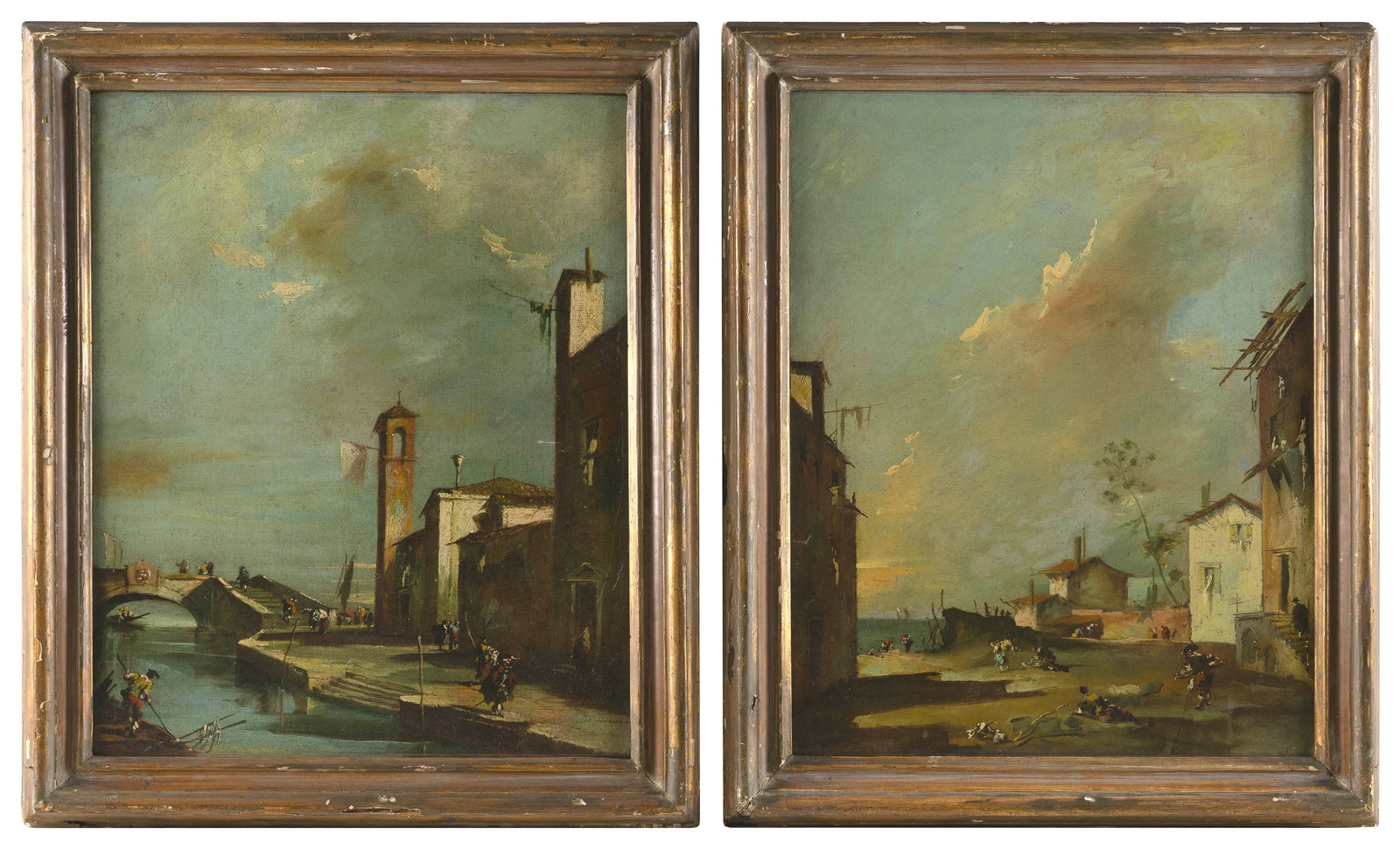 ITALIAN SCHOOL (20th Century,), Pair of coastal village scenes., Oils on canvas, 17.5" x 14.25".: ITALIAN SCHOOL 20th Century Pair of coastal village scenes. Unsigned. Oils on canvas, 17.5" x 14.25". Framed 20.75" x 17.25".