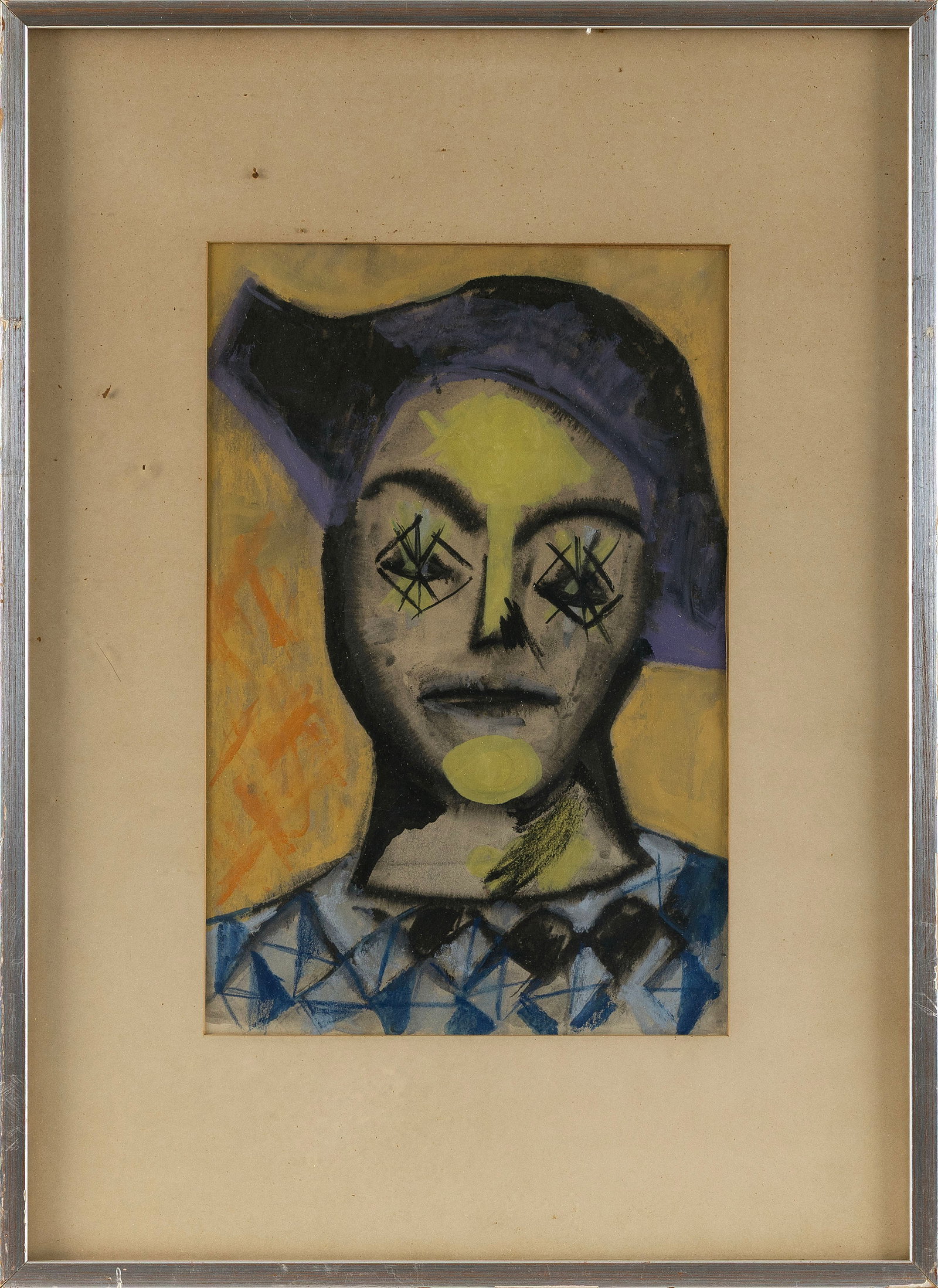ENGLISH SCHOOL (20th Century,), "Clown"., Watercolor on paper, 14" x 9". Framed 22.5" x 16.5". (1 of 2)