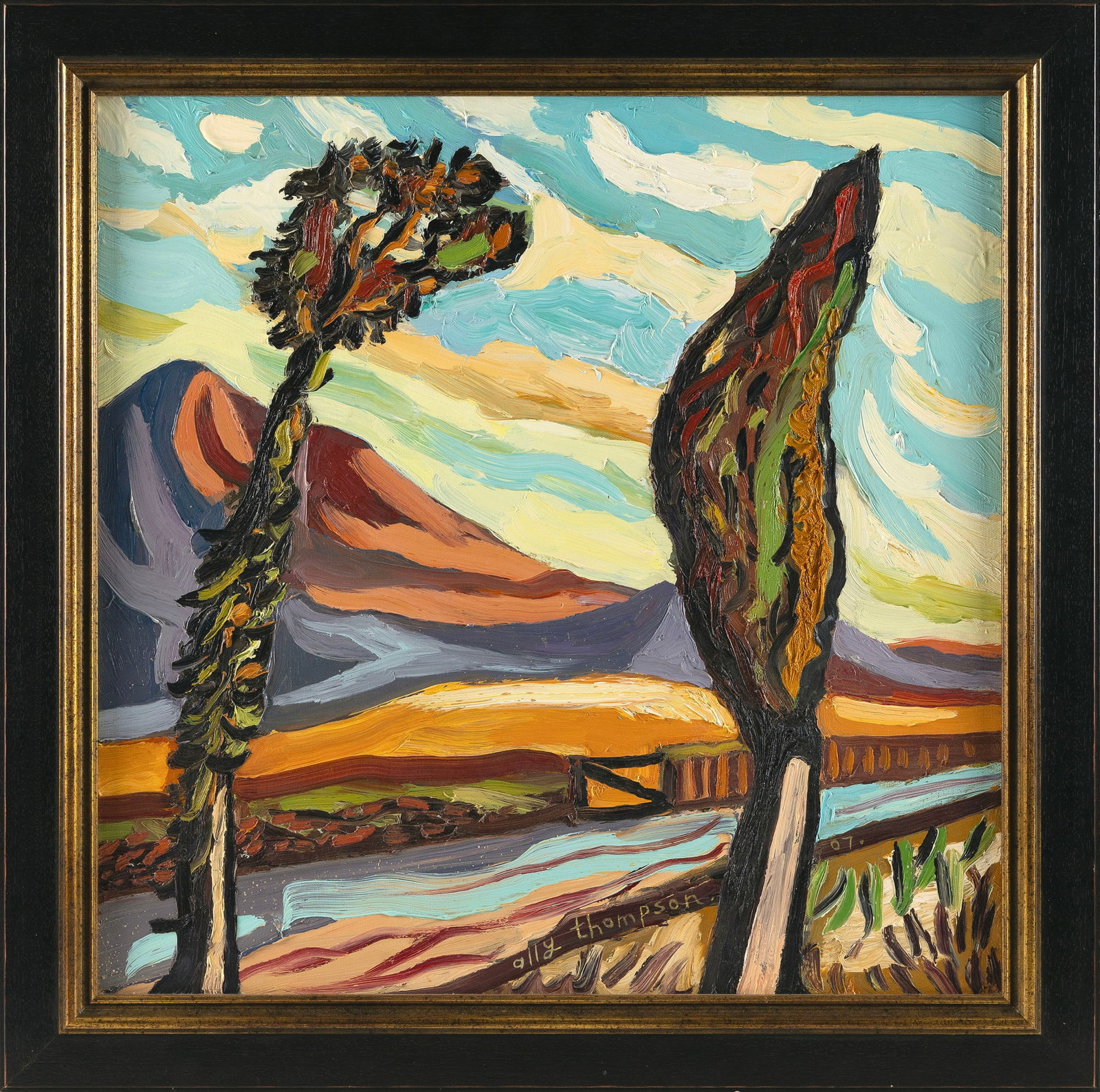 ALLY THOMPSON (Scotland, 1955-2016), "Gateway to Golden Field"., Oil on canvas, 23" x 23". Framed: ALLY THOMPSON Scotland, 1955-2016 "Gateway to Golden Field". Signed and dated lower center "Ally Thompson 07". Oil on canvas, 23" x 23". Framed 28" x 28".