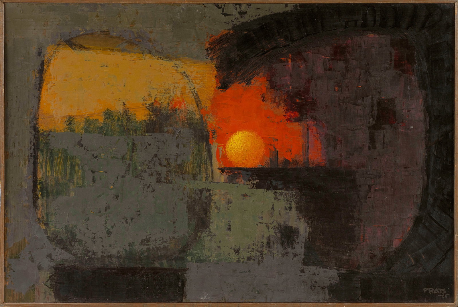 RAMON PRATS (Spain/New York/Cuba, 1928-2003), Abstract with sun., Oil on panel, 15.5" x 24". Framed (1 of 2)