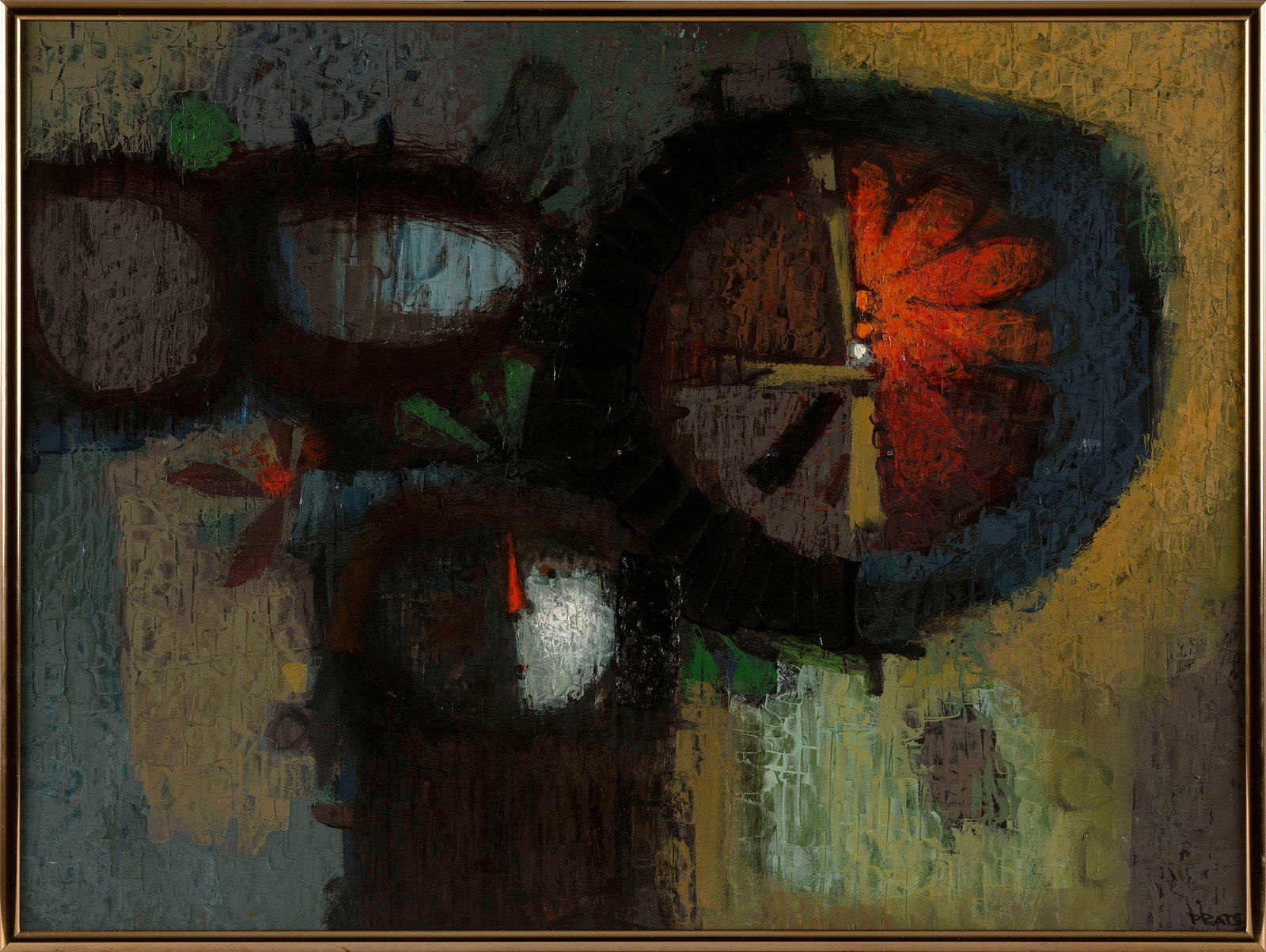 RAMON PRATS (Spain/New York/Cuba, 1928-2003), Abstract composition., Oil on panel, 23" x 32". Framed: RAMON PRATS Spain/New York/Cuba, 1928-2003 Abstract composition. Signed lower right "Prats". Oil on panel, 23" x 32". Framed 24" x 32.5".