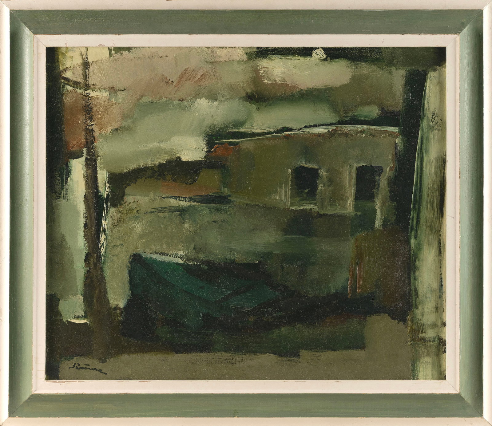 MODERNIST SCHOOL (20th Century,), Streetscape., Oil on canvas, 21" x 25". Framed 27" x 31". (1 of 2)