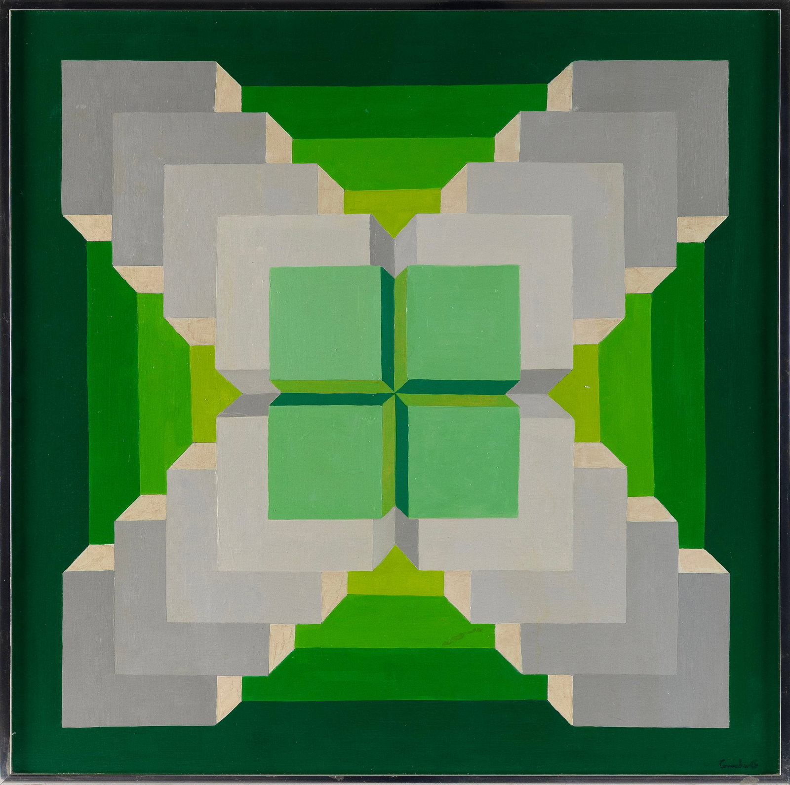 MODERNIST SCHOOL (20th Century,), Geometric abstract composition., Oil on canvas, 29.5" x 29.5".: MODERNIST SCHOOL 20th Century Geometric abstract composition. Signed illegibly lower right. Oil on canvas, 29.5" x 29.5". Framed 30" x 30".