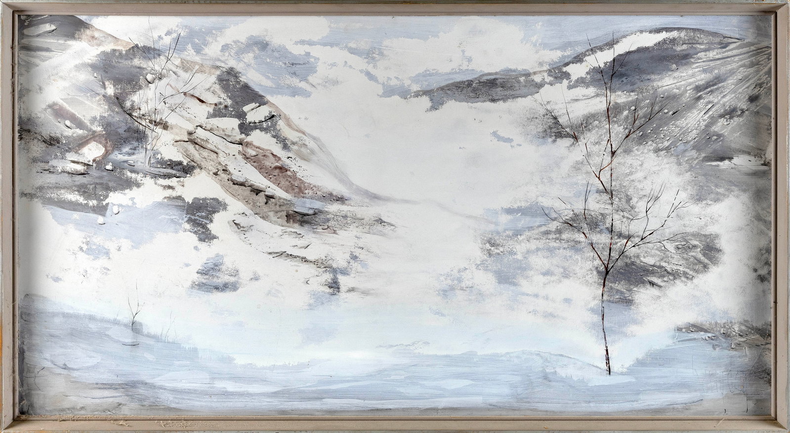 AMERICAN SCHOOL (20th Century,), Trees and rocks in snow., Oil on board, 24" x 45". Framed 25" x (1 of 2)