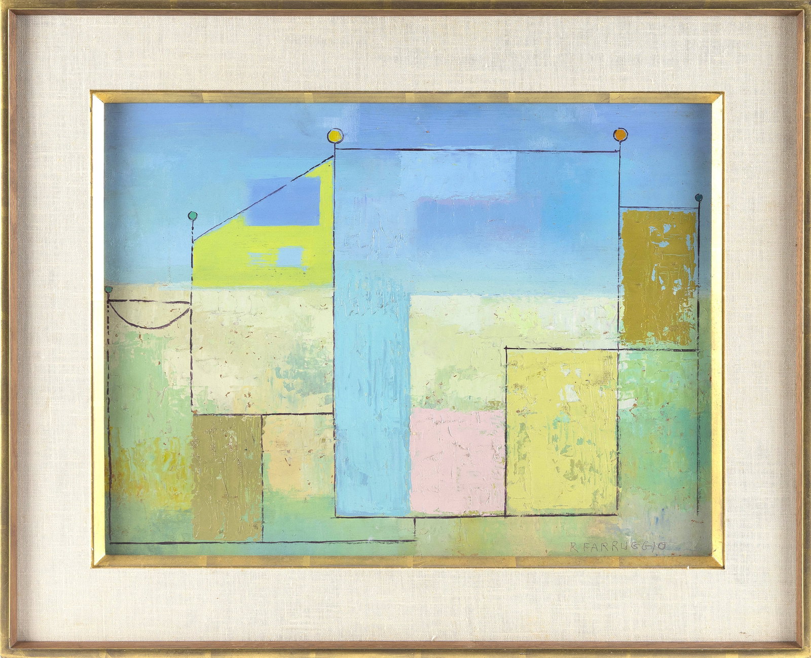 REMO MICHAEL FARRUGGIO (New York/Massachusetts/Italy, 1905-1981), "Abstraction #1"., Oil on board,: REMO MICHAEL FARRUGGIO New York/Massachusetts/Italy, 1905-1981 "Abstraction #1". Signed lower right "R. Farruggio". Titled verso. Oil on board, 14" x 19". Framed 20" x 25".