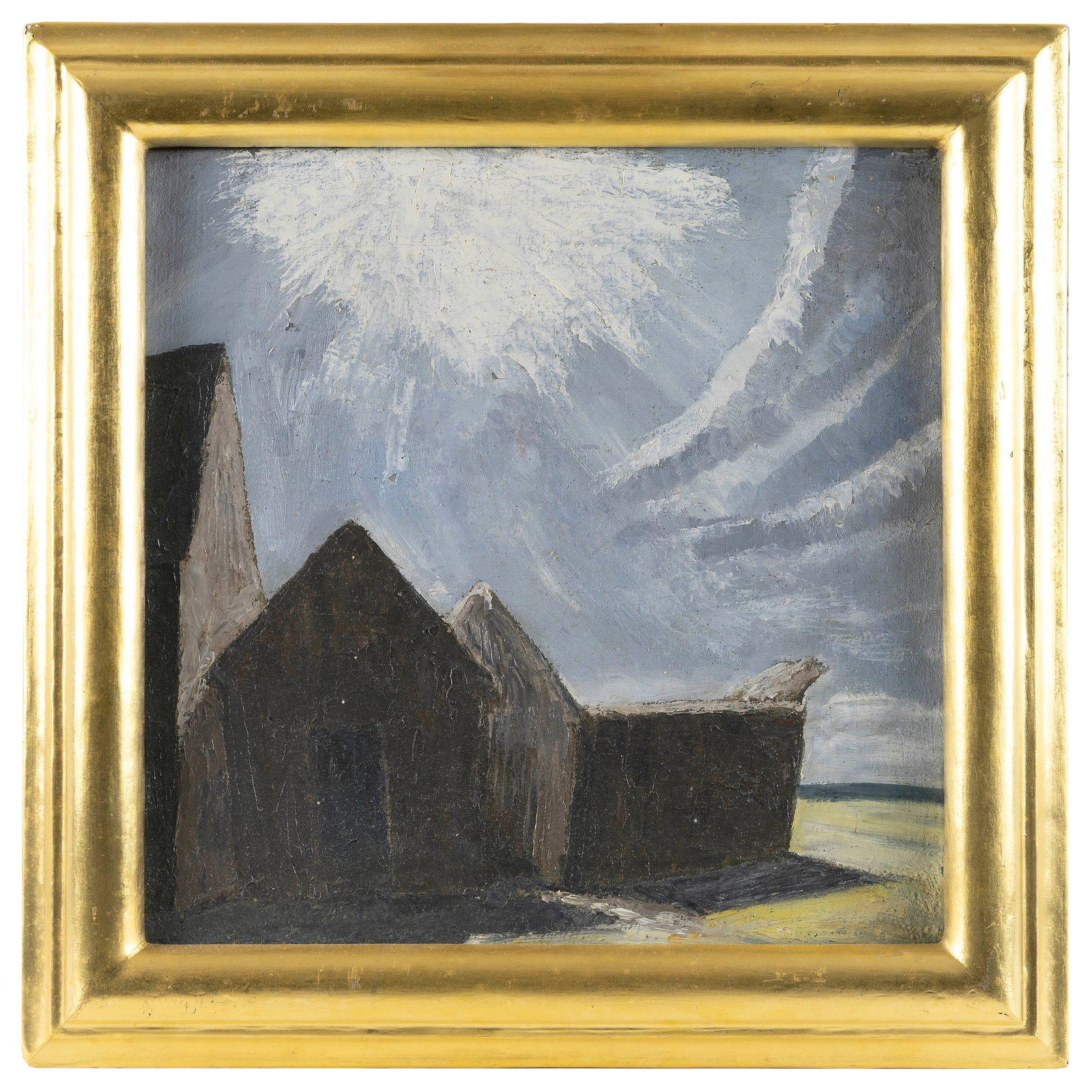 AMERICAN SCHOOL (20th Century,), Sunlight over fishing shacks., Oil on canvas, 14" x 14". Framed 18" (1 of 1)