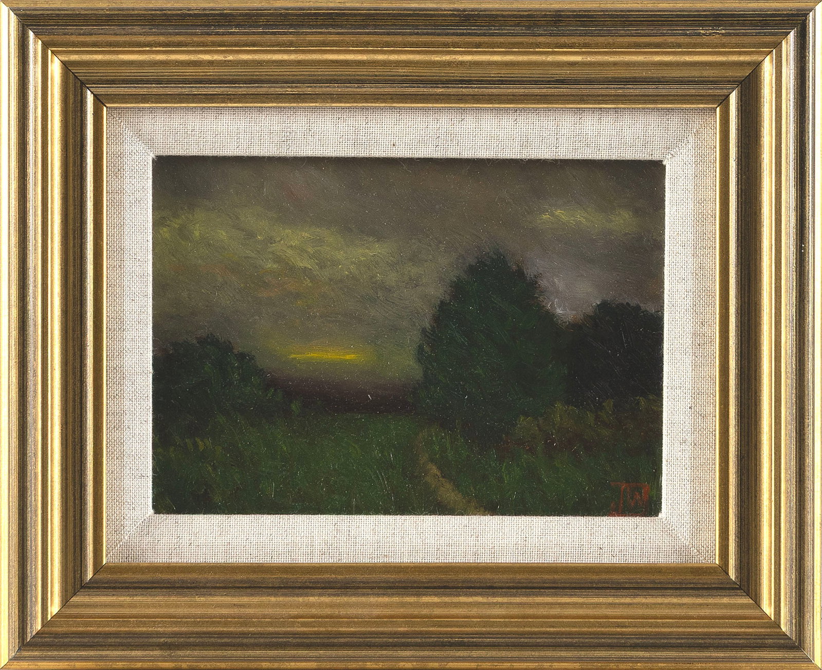 JOE WOJDAKOWSKI (Maine, 1972-), "Meadow Dusk"., Oil on board, 5" x 7". Framed 8.5" x 10.5".: JOE WOJDAKOWSKI Maine, 1972- "Meadow Dusk". Monogrammed lower right. Titled verso. Oil on board, 5" x 7". Framed 8.5" x 10.5".