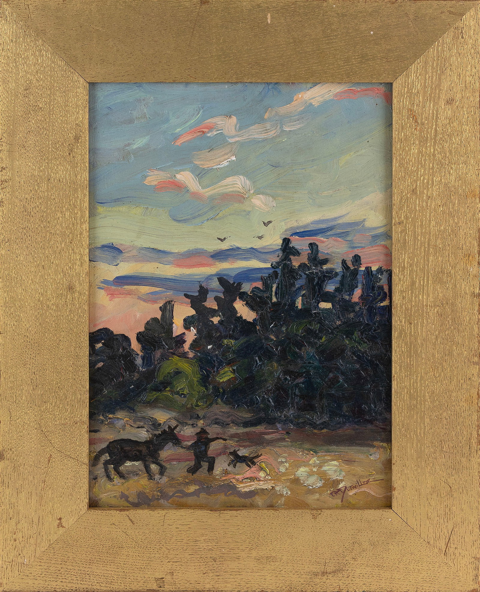 FREDERICK KNECHT DETWILLER (New York/Maine, 1882-1953), Landscape at sunset., Oil on board, 13" x (1 of 2)
