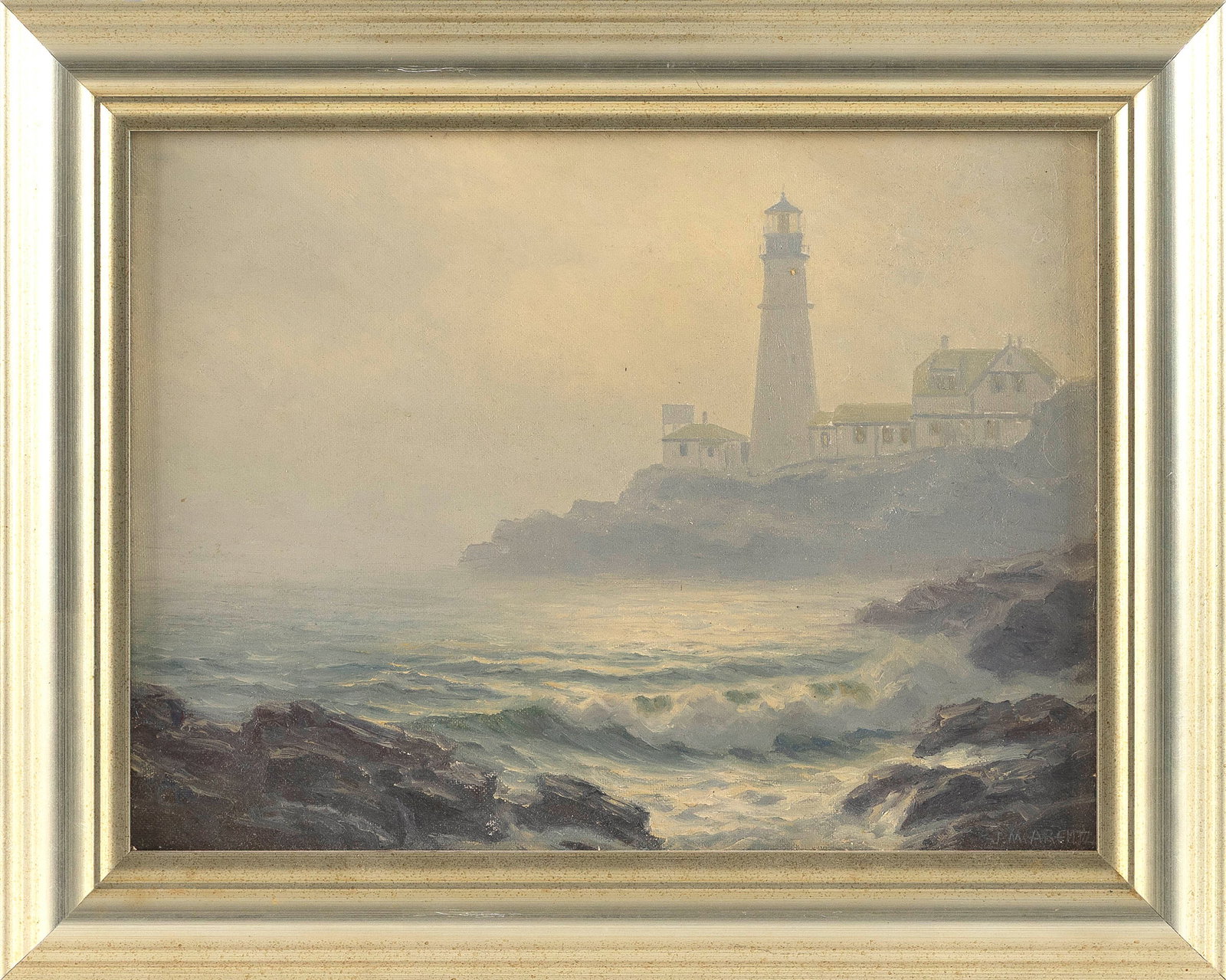 JOSEPH M. ARENTZ (Maine/Maryland, 1903-1969), Misty coast with lighthouse., Oil on canvas board, 9" (1 of 1)