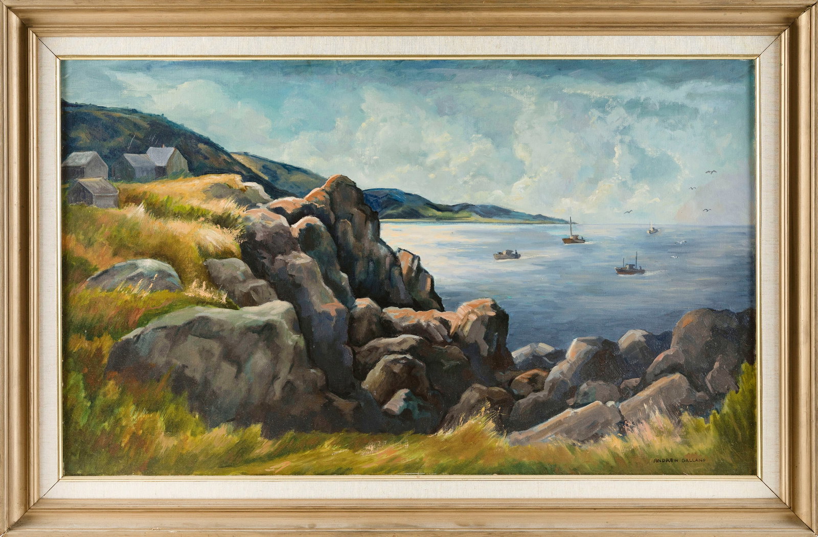 ANDREW GALLANO (Massachusetts, 1915-1988), "Monhegan Island"., Oil on canvas, 24" x 40". Framed 30" (1 of 2)